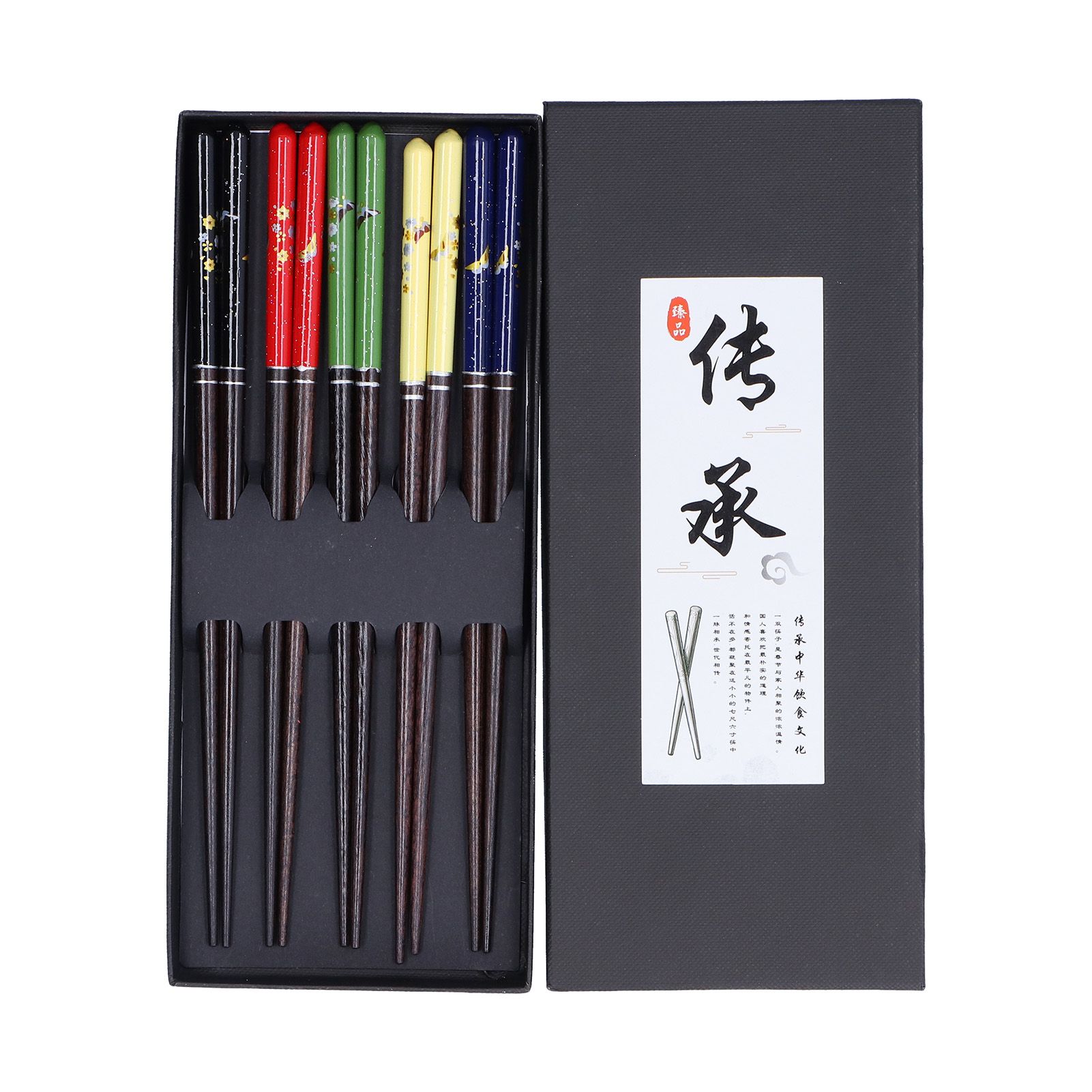 5 Pairs Chopsticks Wood Reusable Butterfly Flower Printing Gift Box Pointed Chopsticks for Restaurant Hotel - Image 1