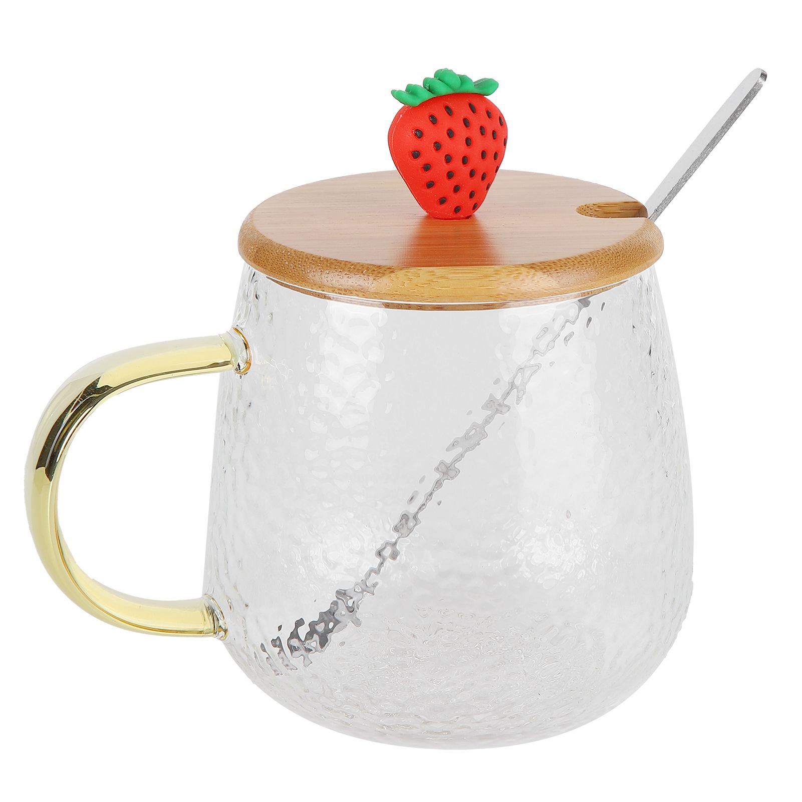 400ml Cute High Borosilicate Glass Cup HeatResistant Mug with Stainless Steel Spoon Bamboo Lid(Strawberry ) - Image 1
