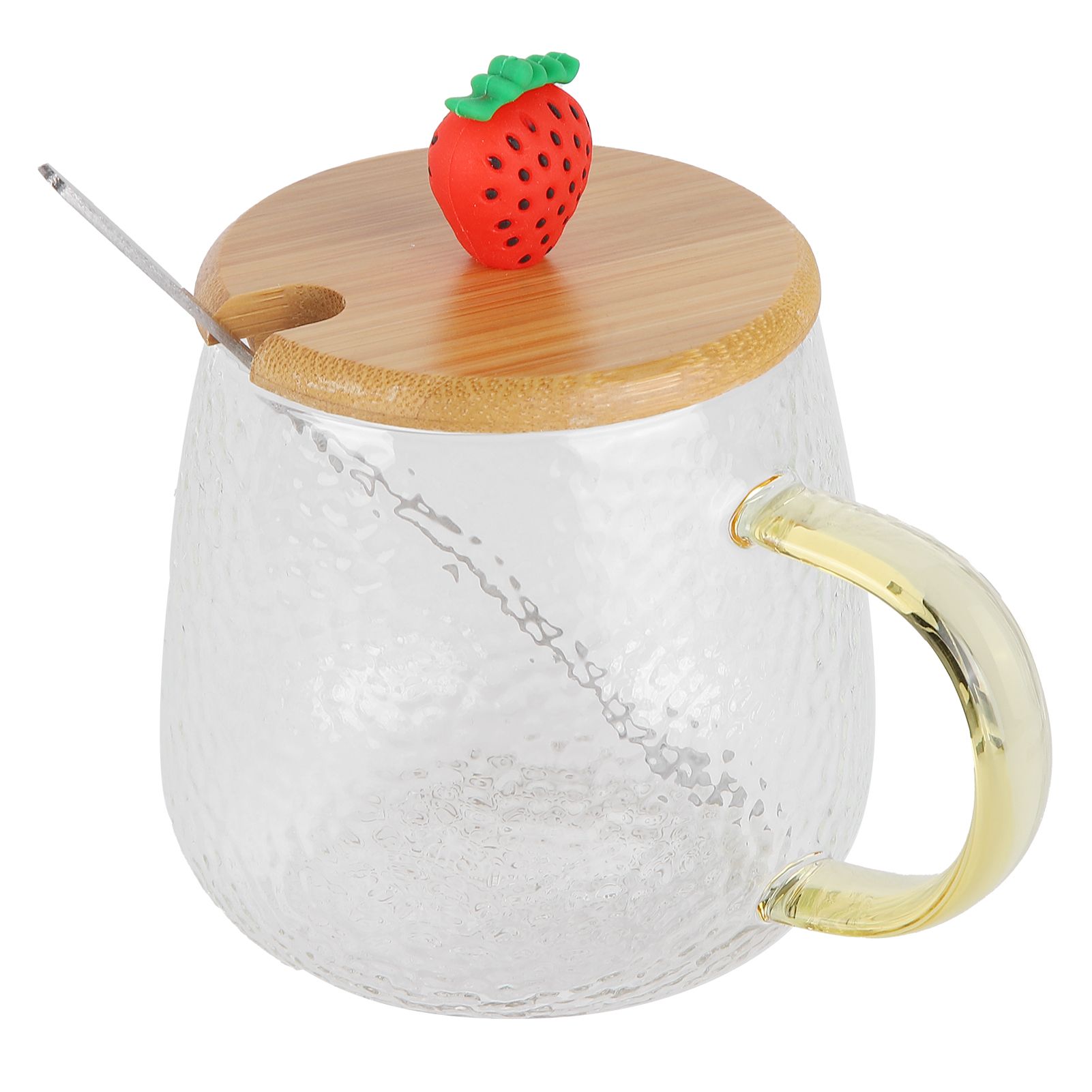 400ml Cute High Borosilicate Glass Cup HeatResistant Mug with Stainless Steel Spoon Bamboo Lid(Strawberry ) - Image 4