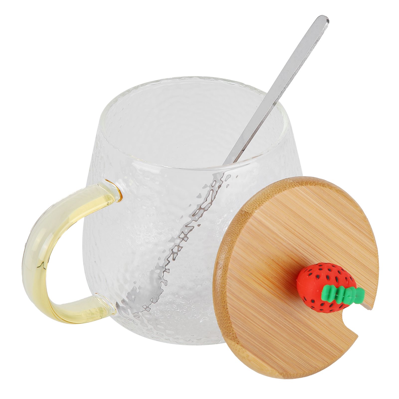 400ml Cute High Borosilicate Glass Cup HeatResistant Mug with Stainless Steel Spoon Bamboo Lid(Strawberry ) - Image 5