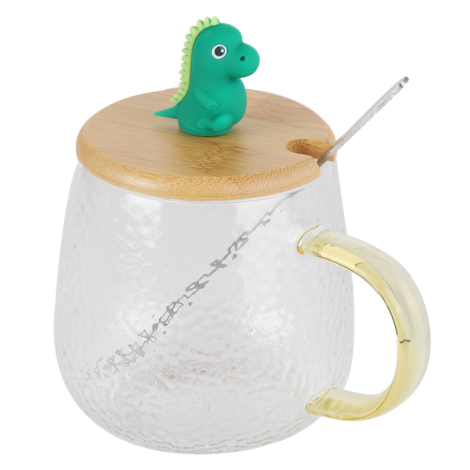 400ml Cute High Borosilicate Glass Cup HeatResistant Mug with Stainless Steel Spoon Bamboo Lid(Dinosaur ) - Image 1