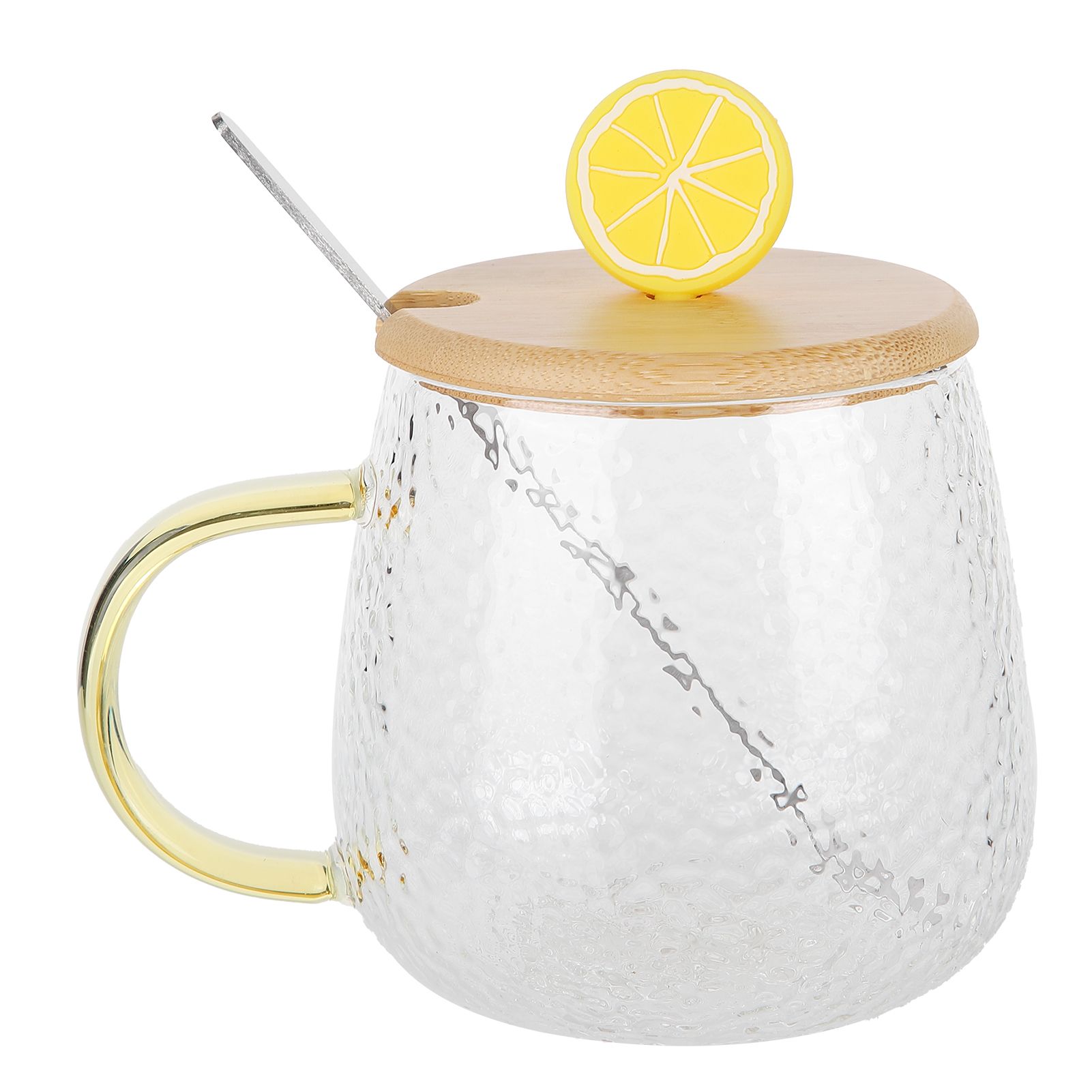 400ml Cute High Borosilicate Glass Cup HeatResistant Mug with Stainless Steel Spoon Bamboo Lid(Lemon ) - Image 1