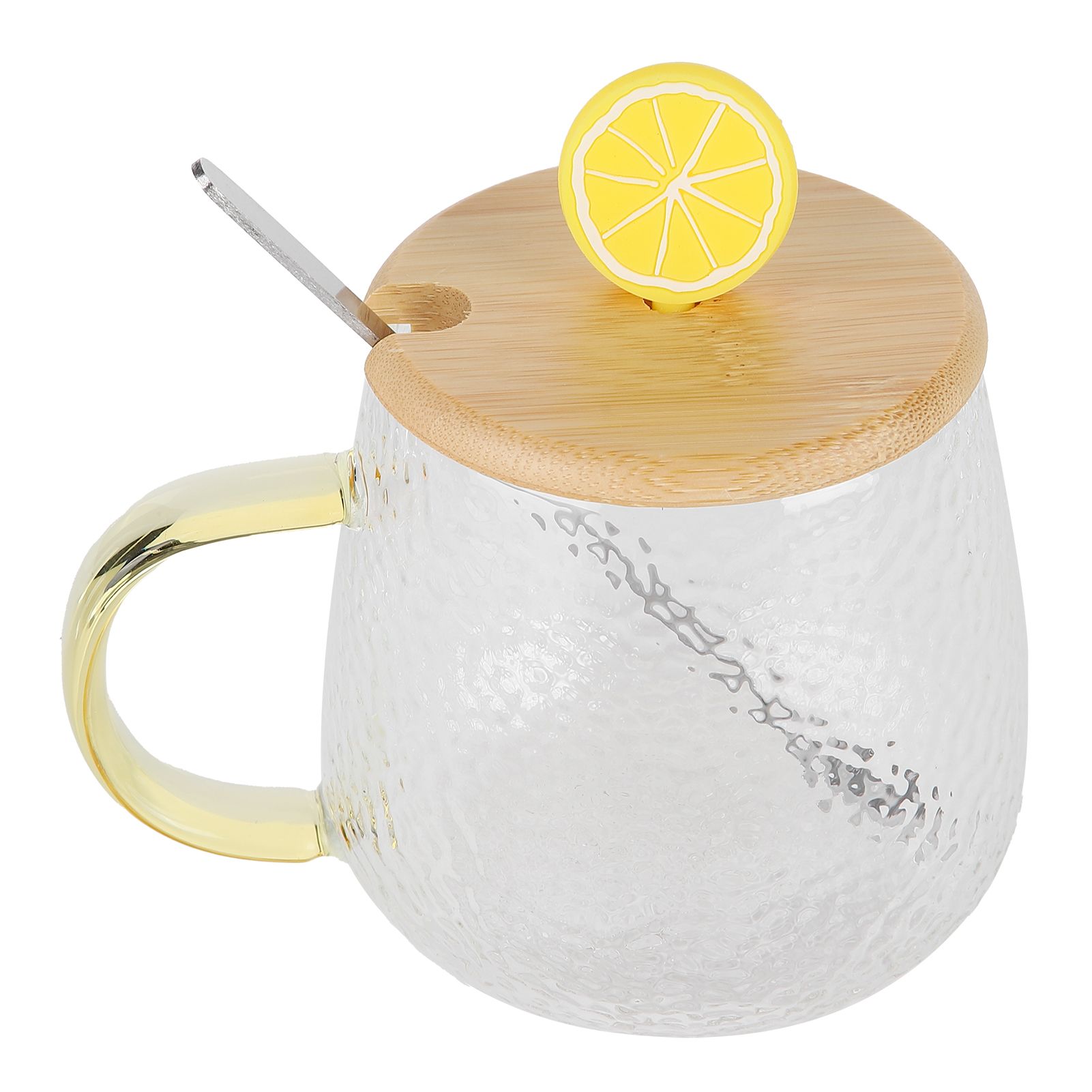 400ml Cute High Borosilicate Glass Cup HeatResistant Mug with Stainless Steel Spoon Bamboo Lid(Lemon ) - Image 3