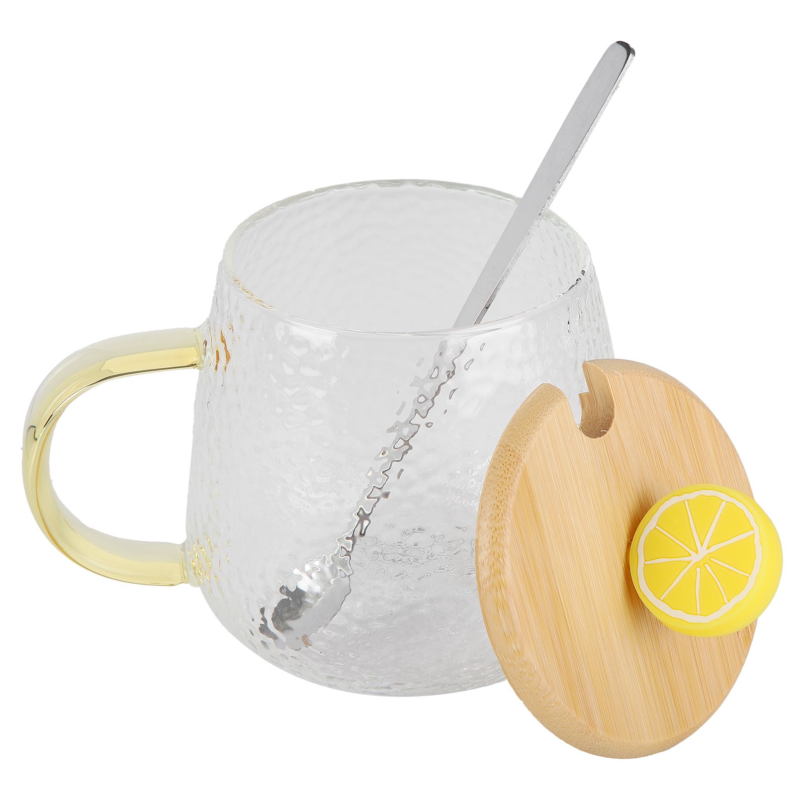 400ml Cute High Borosilicate Glass Cup HeatResistant Mug with Stainless Steel Spoon Bamboo Lid(Lemon ) - Image 5