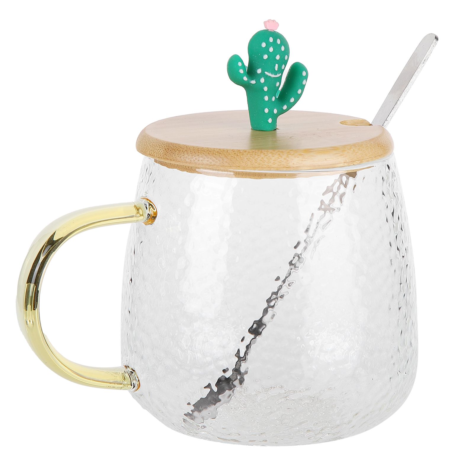 400ml Cute High Borosilicate Glass Cup HeatResistant Mug with Stainless Steel Spoon Bamboo Lid(Cactus ) - Image 1