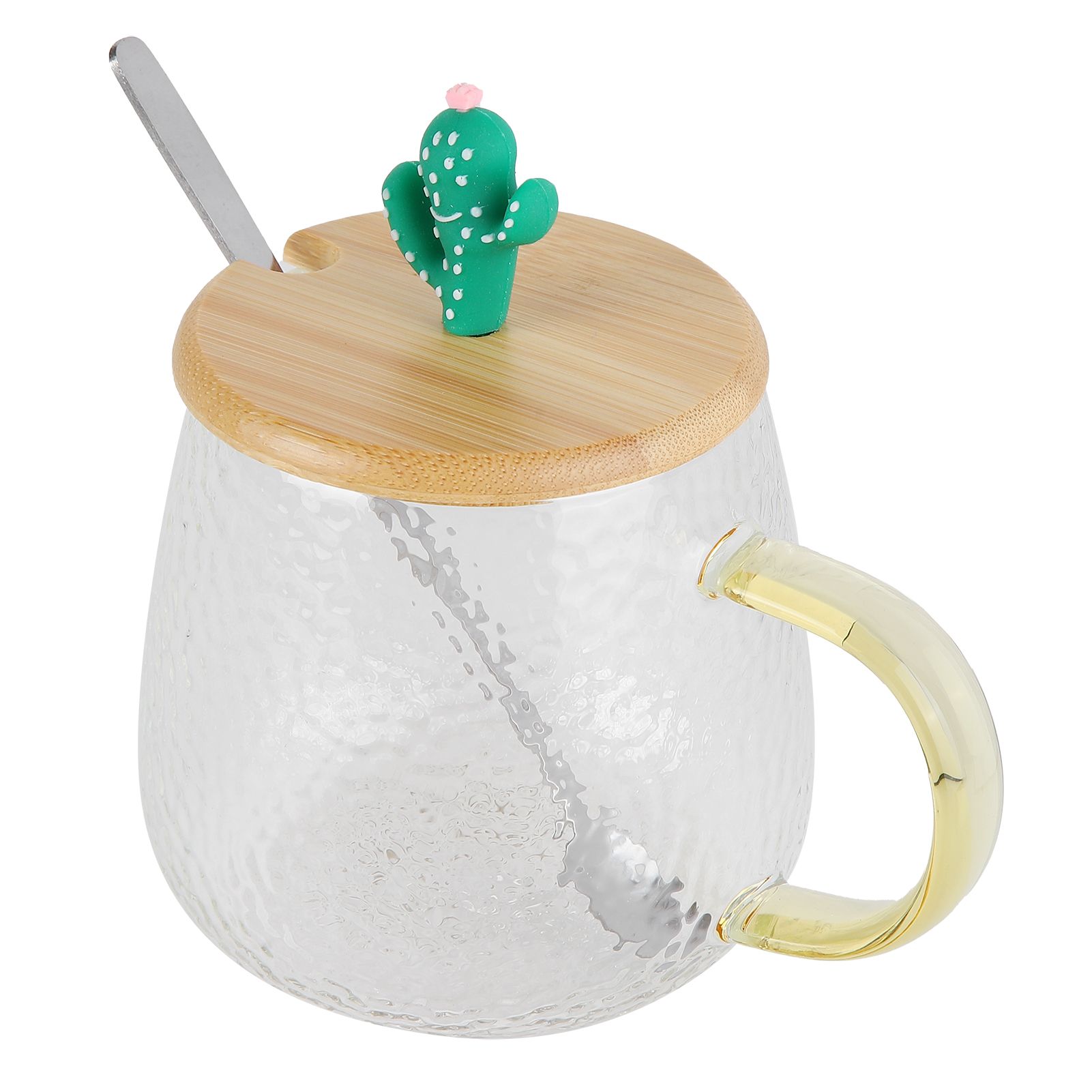 400ml Cute High Borosilicate Glass Cup HeatResistant Mug with Stainless Steel Spoon Bamboo Lid(Cactus ) - Image 2