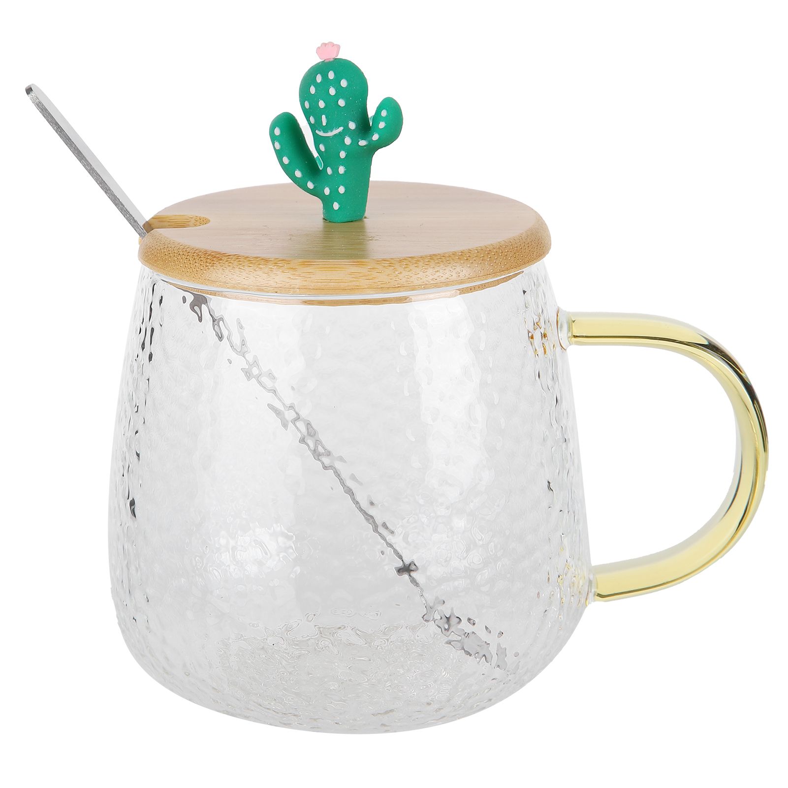 400ml Cute High Borosilicate Glass Cup HeatResistant Mug with Stainless Steel Spoon Bamboo Lid(Cactus ) - Image 4