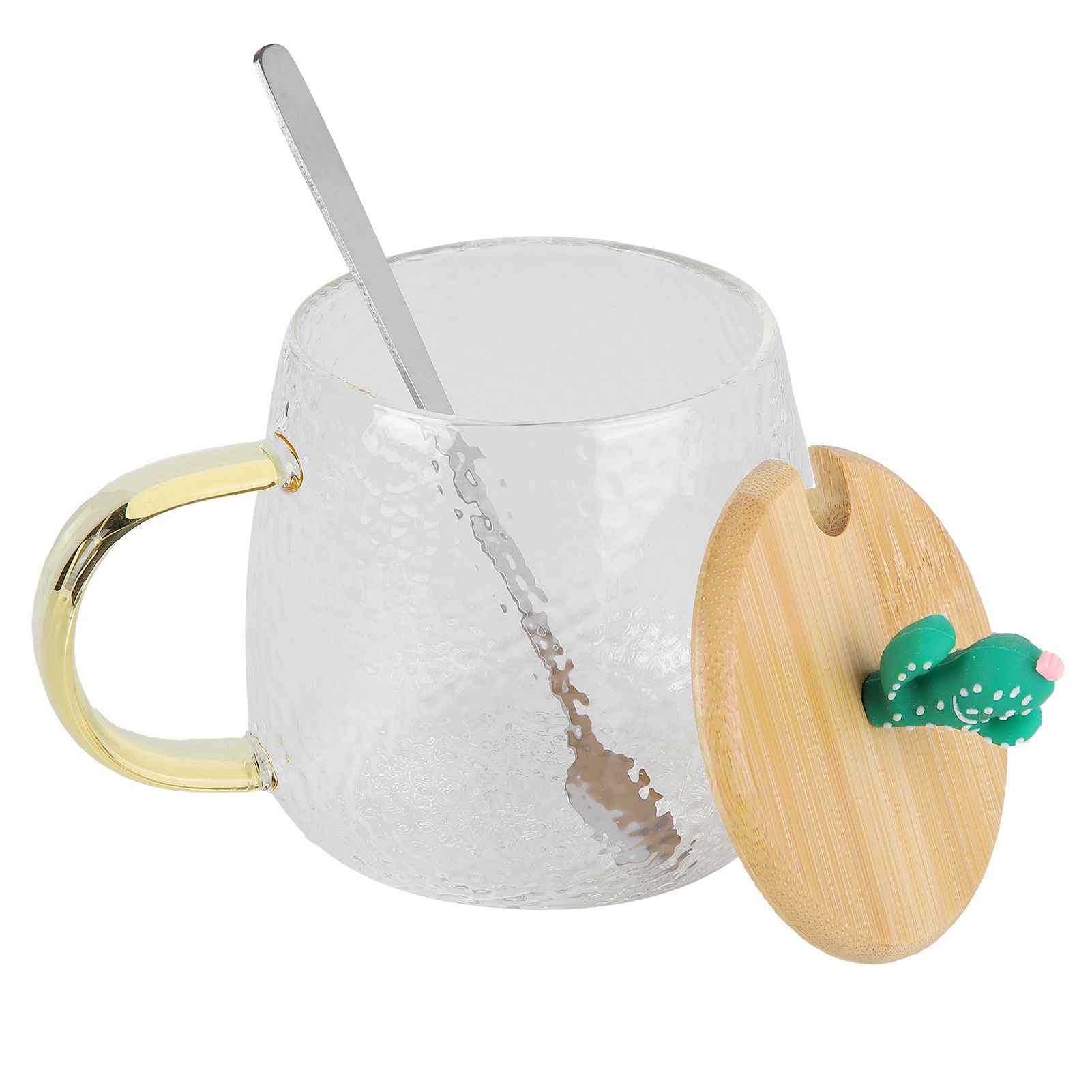 400ml Cute High Borosilicate Glass Cup HeatResistant Mug with Stainless Steel Spoon Bamboo Lid(Cactus ) - Image 5
