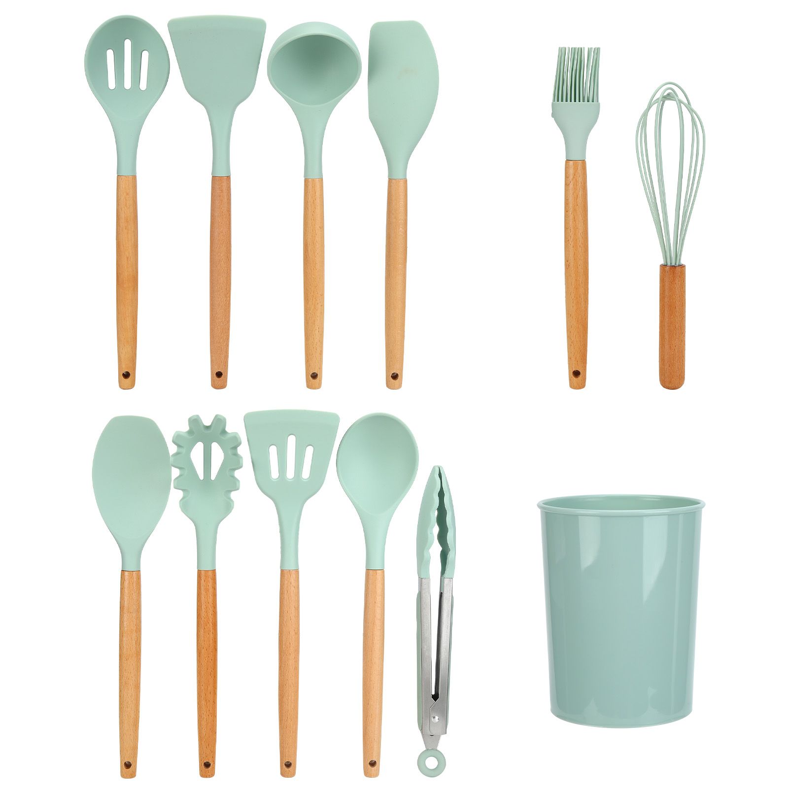 12Pcs/Set Cooking Utensil with Wooden Handle Silicone Cooking Tool for Home KitchenLight Green - Image 1