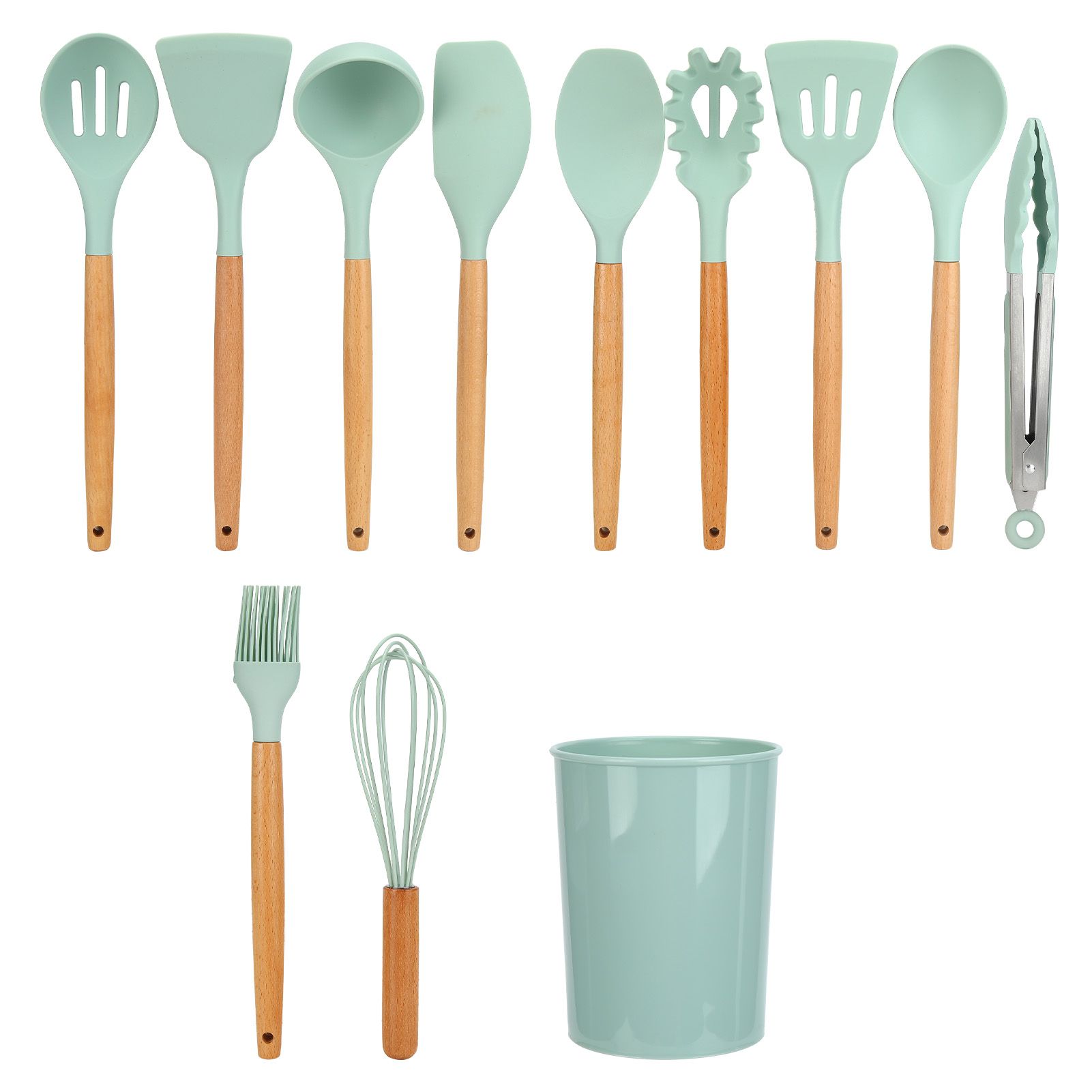 12Pcs/Set Cooking Utensil with Wooden Handle Silicone Cooking Tool for Home KitchenLight Green - Image 2