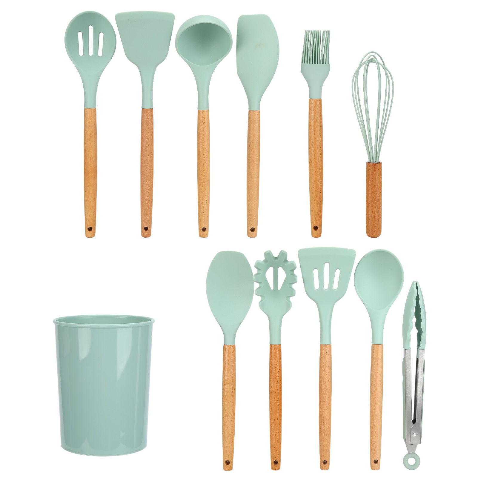 12Pcs/Set Cooking Utensil with Wooden Handle Silicone Cooking Tool for Home KitchenLight Green - Image 3