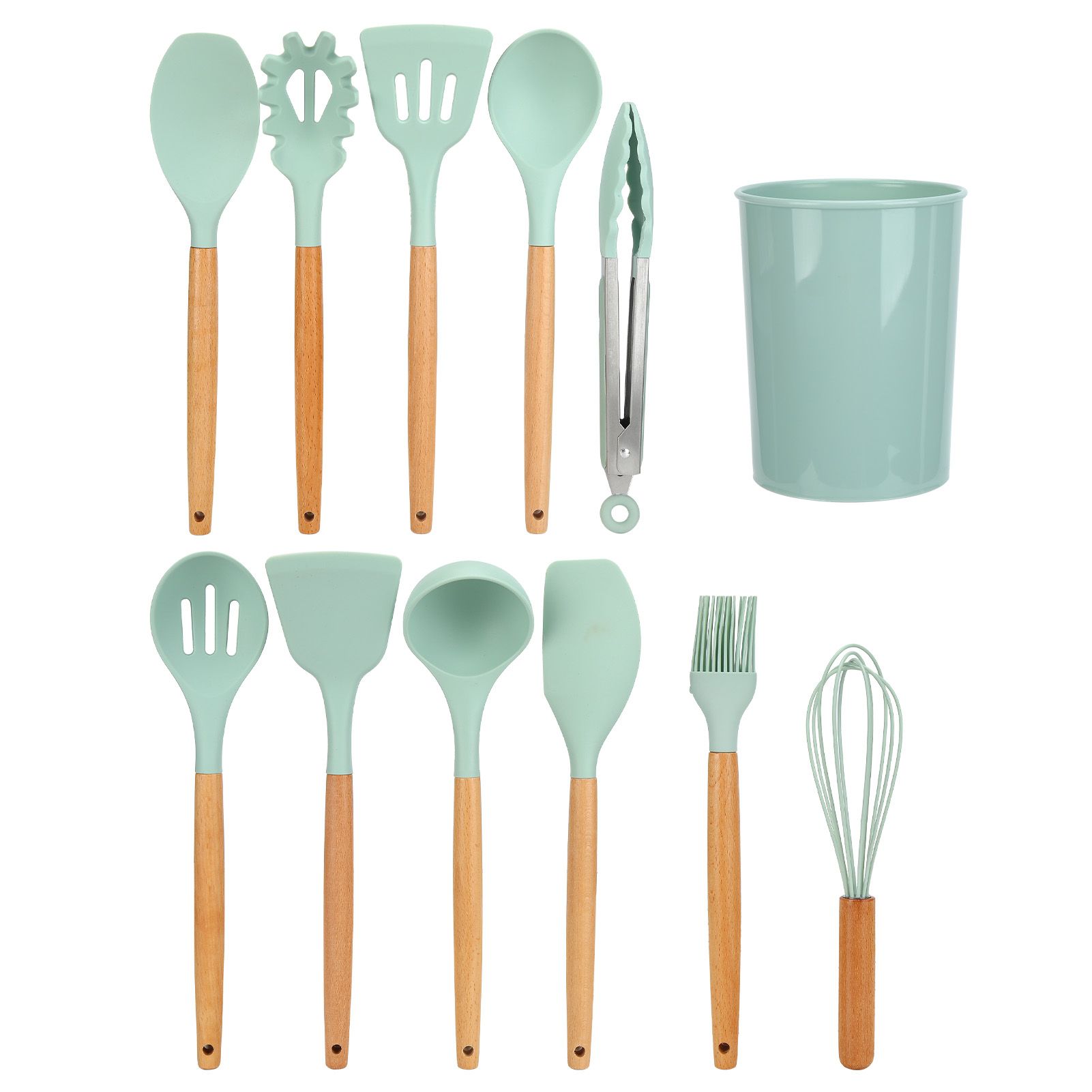 12Pcs/Set Cooking Utensil with Wooden Handle Silicone Cooking Tool for Home KitchenLight Green - Image 4