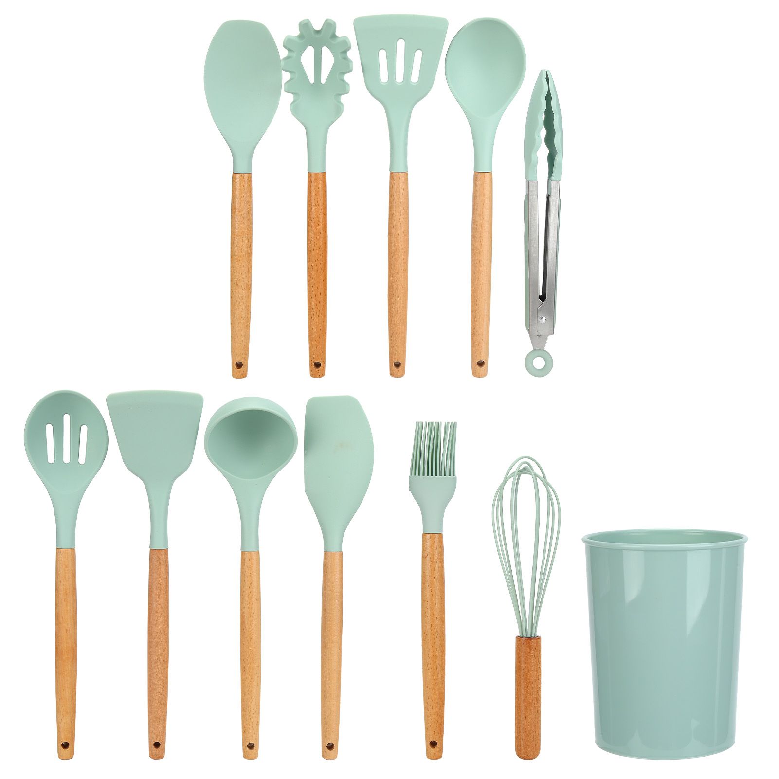 12Pcs/Set Cooking Utensil with Wooden Handle Silicone Cooking Tool for Home KitchenLight Green - Image 5