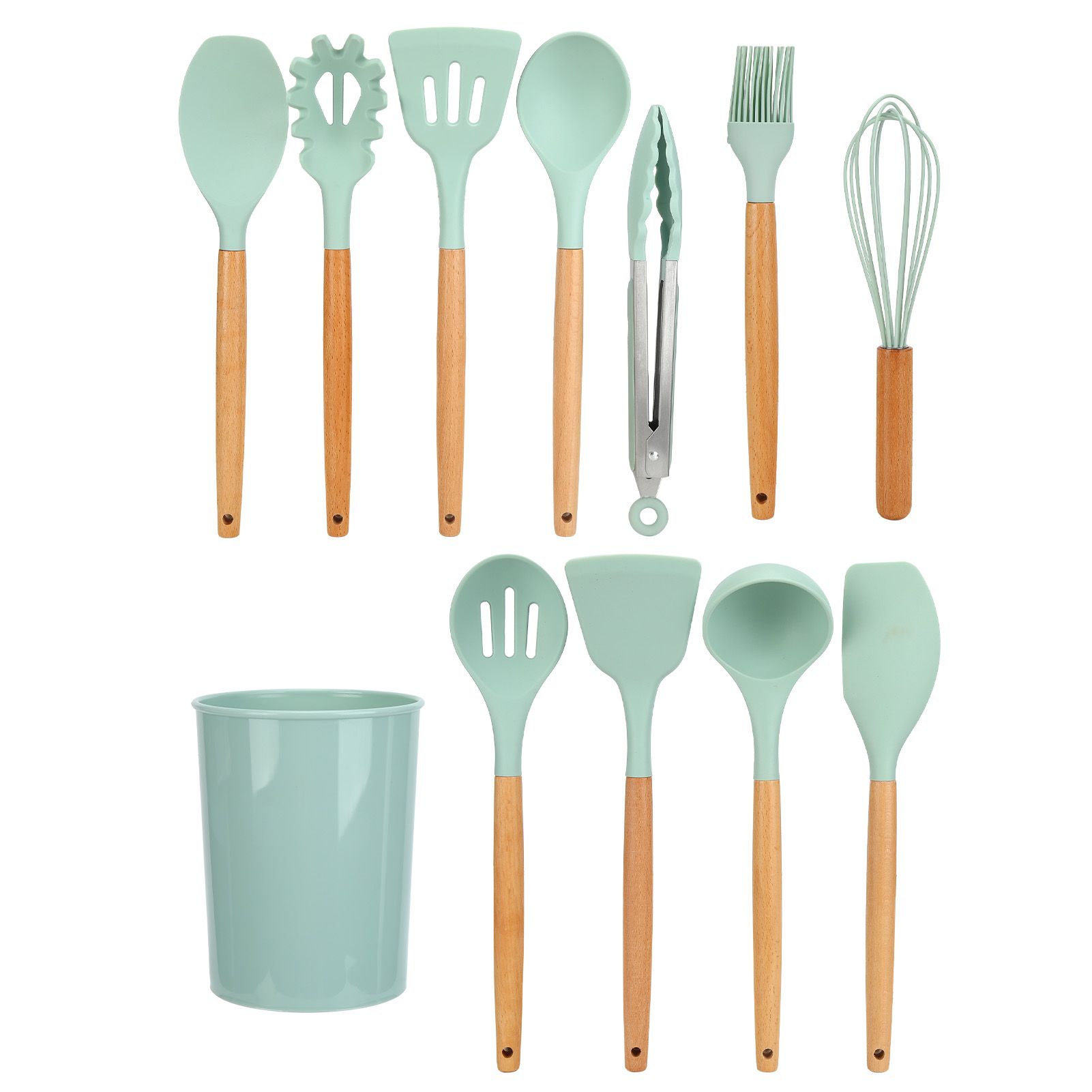 12Pcs/Set Cooking Utensil with Wooden Handle Silicone Cooking Tool for Home KitchenLight Green - Image 7
