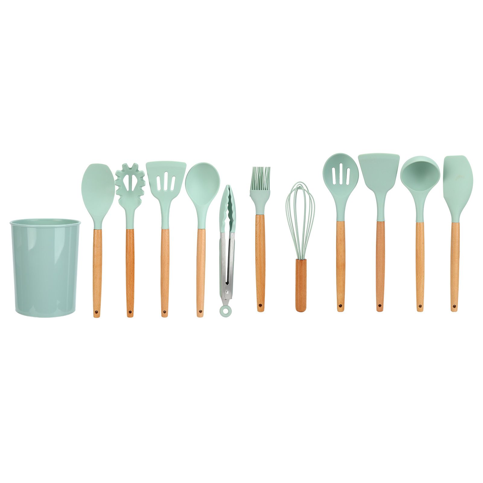 12Pcs/Set Cooking Utensil with Wooden Handle Silicone Cooking Tool for Home KitchenLight Green - Image 8