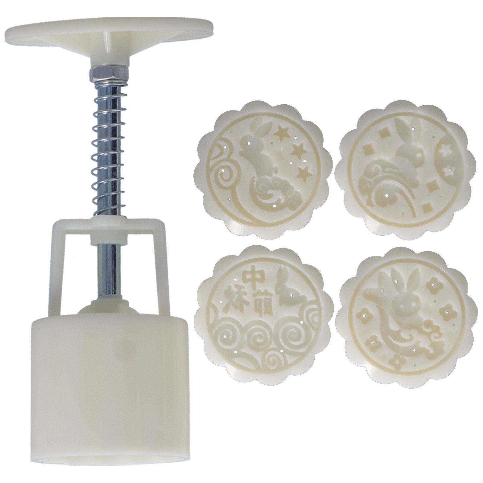 50g HandPress Mooncake Mold Dessert Biscuits Mold Baking Tool with 4 Round Stamps for Kitchen(Cute Rabbits Pattern ) - Image 1