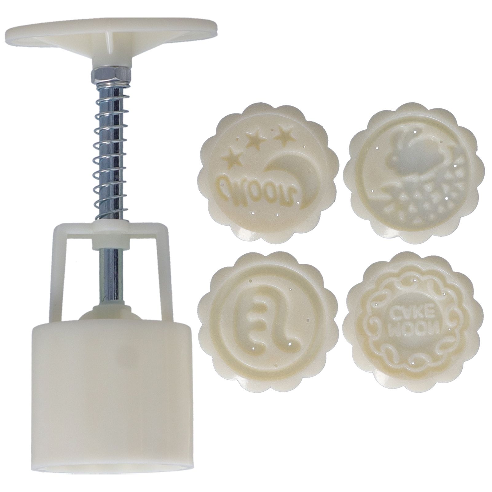 50g HandPress Mooncake Mold Dessert Biscuits Mold Baking Tool with 4 Round Stamps for Kitchen(Moon Pattern ) - Image 1