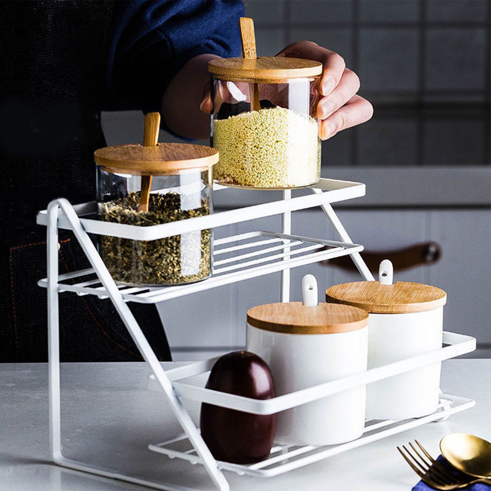 Kitchen Countertop Storage Rack Space Saving Multifunctional 2 Tiers Spice Toiletries Makeup Counter Standing Shelf White - Image 5