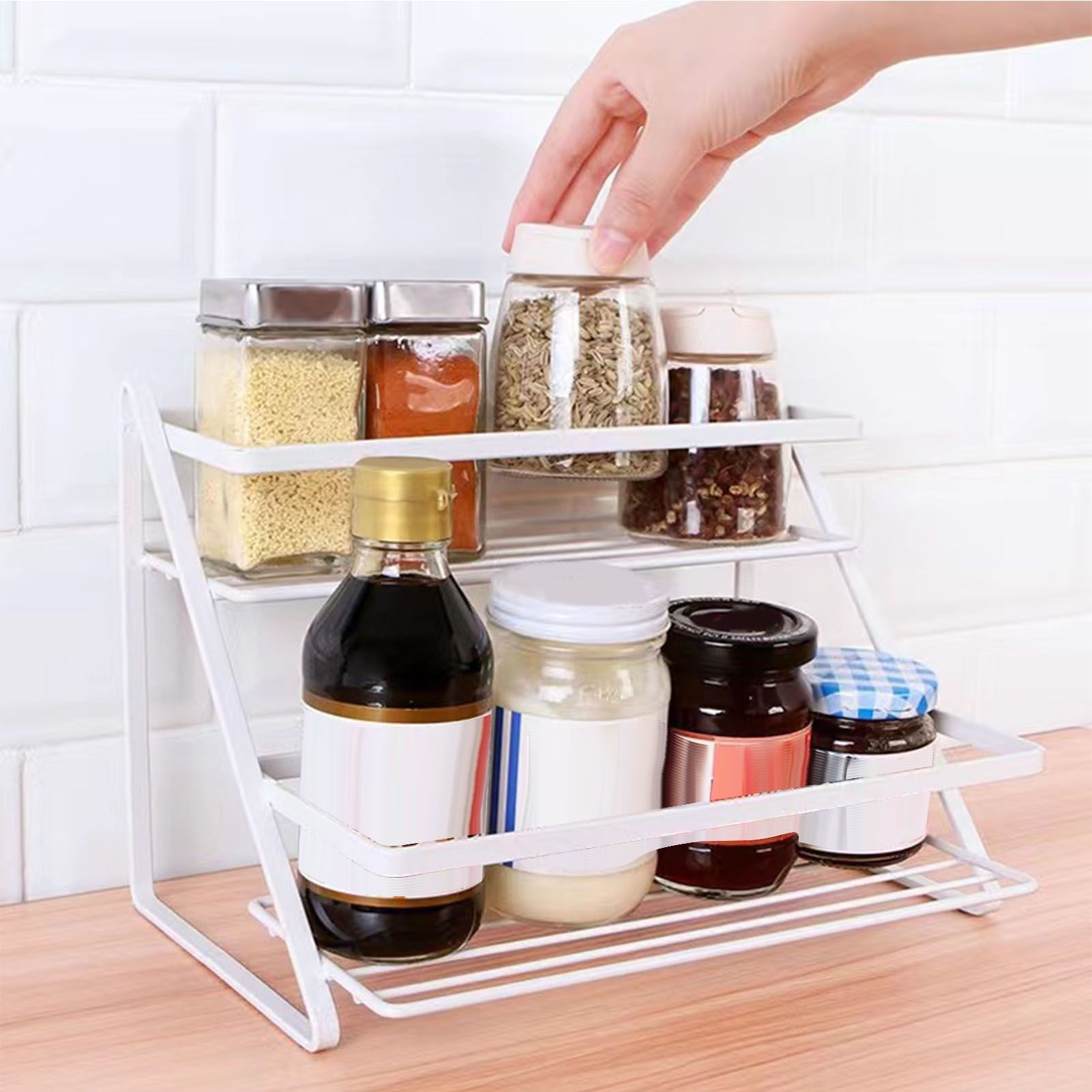 Kitchen Countertop Storage Rack Space Saving Multifunctional 2 Tiers Spice Toiletries Makeup Counter Standing Shelf White - Image 7