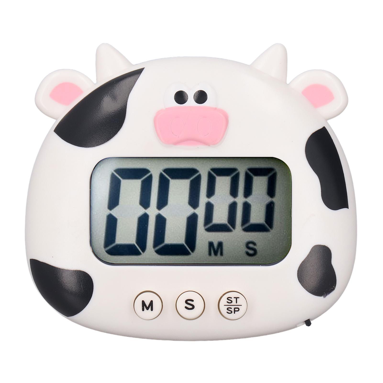 Digital Kitchen Timer Countup Countdown Cartoon Animal Sound Flash Alert Easy Operation with Stand for Cooking Teaching White Cow - Image 1