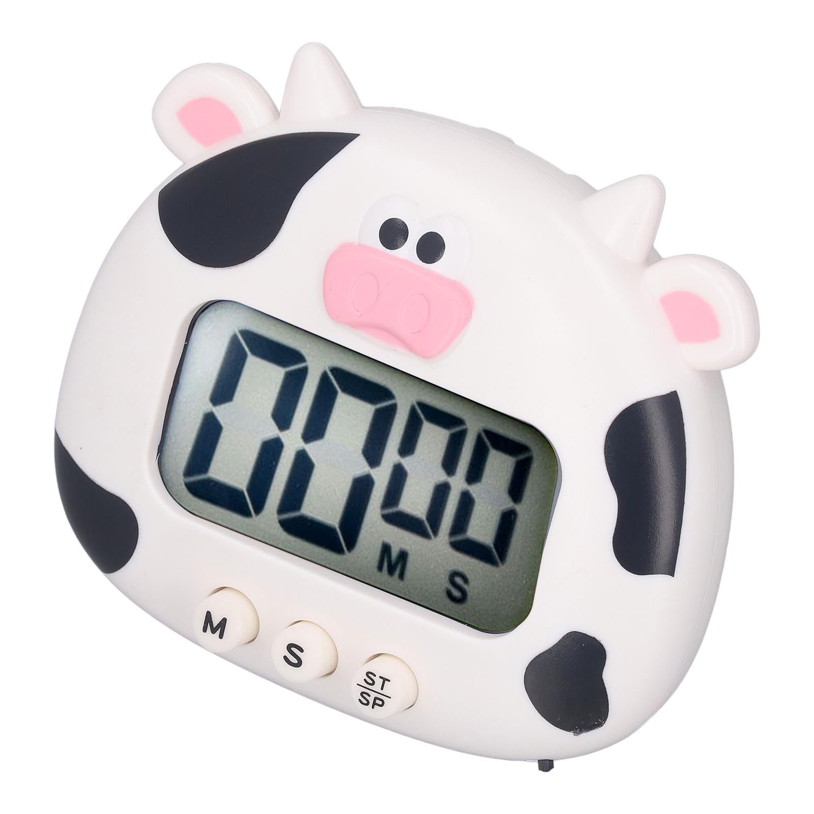 Digital Kitchen Timer Countup Countdown Cartoon Animal Sound Flash Alert Easy Operation with Stand for Cooking Teaching White Cow - Image 2