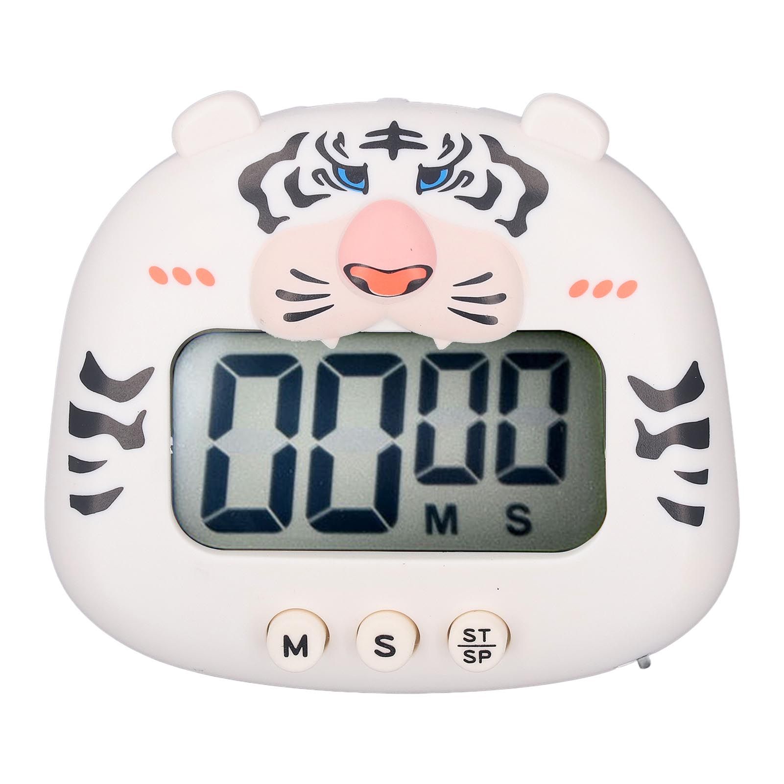 Digital Kitchen Timer Countup Countdown Cartoon Animal Sound Flash Alert Easy Operation with Stand for Cooking Teaching White Tiger - Image 1