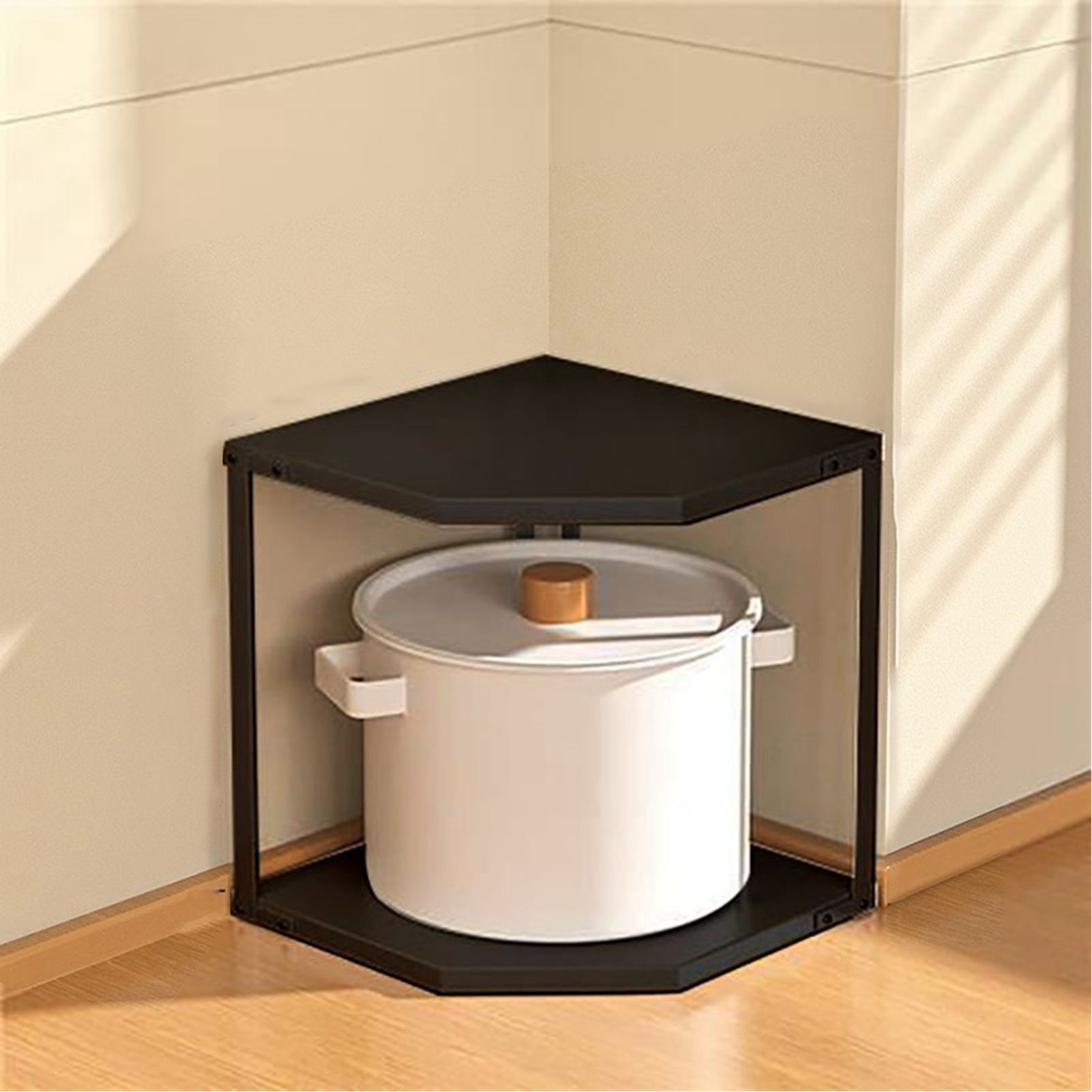 Kitchen Small Corner Shelf Rack Fan Shaped Space Saving Stable Carbon Steel Cookware Stand for Pots Pans 2 Layer Black 27x27x27.6cm - Image 6