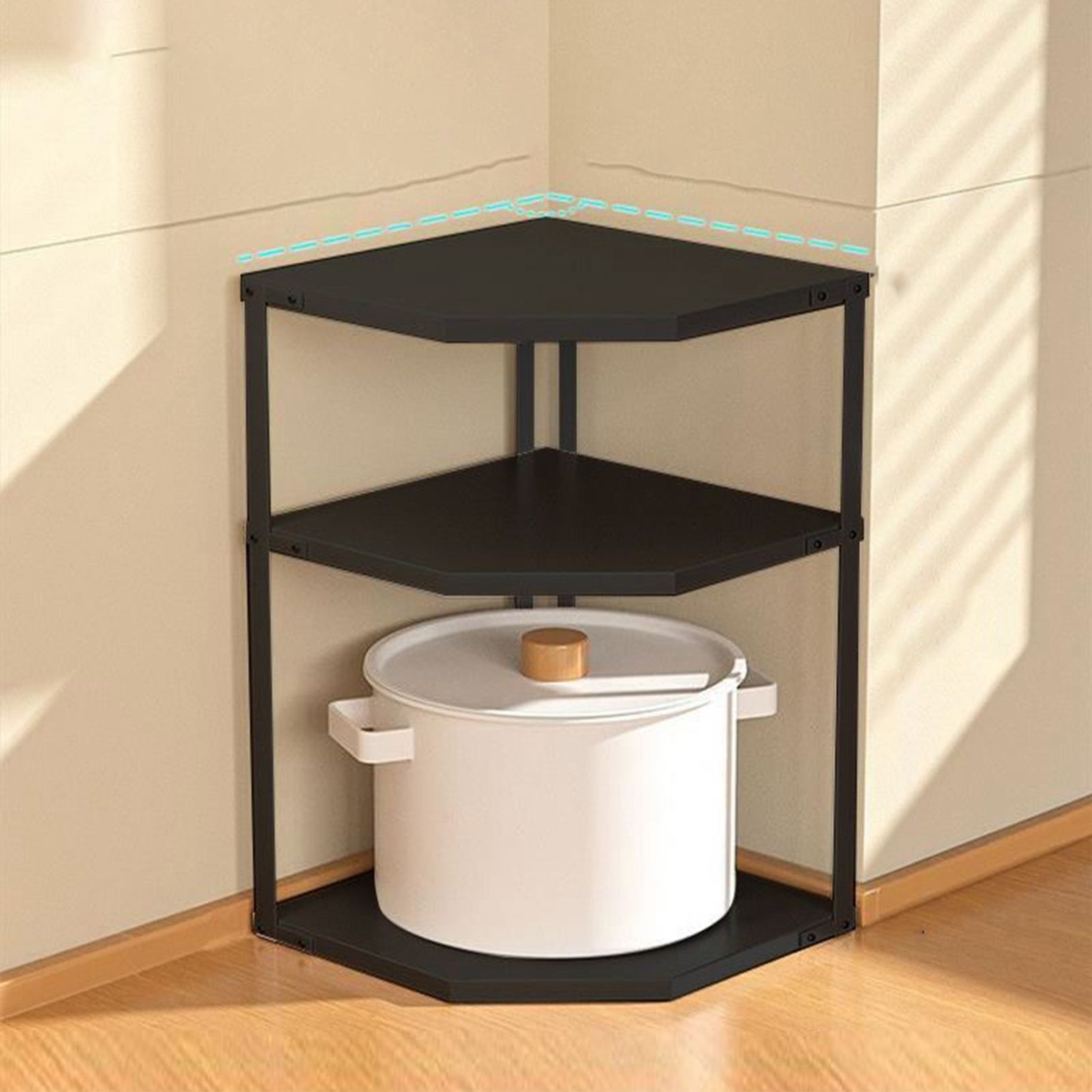 Kitchen Small Corner Shelf Rack Fan Shaped Space Saving Stable Carbon Steel Cookware Stand for Pots Pans 3 Layer Black 27x27x45.5cm - Image 5