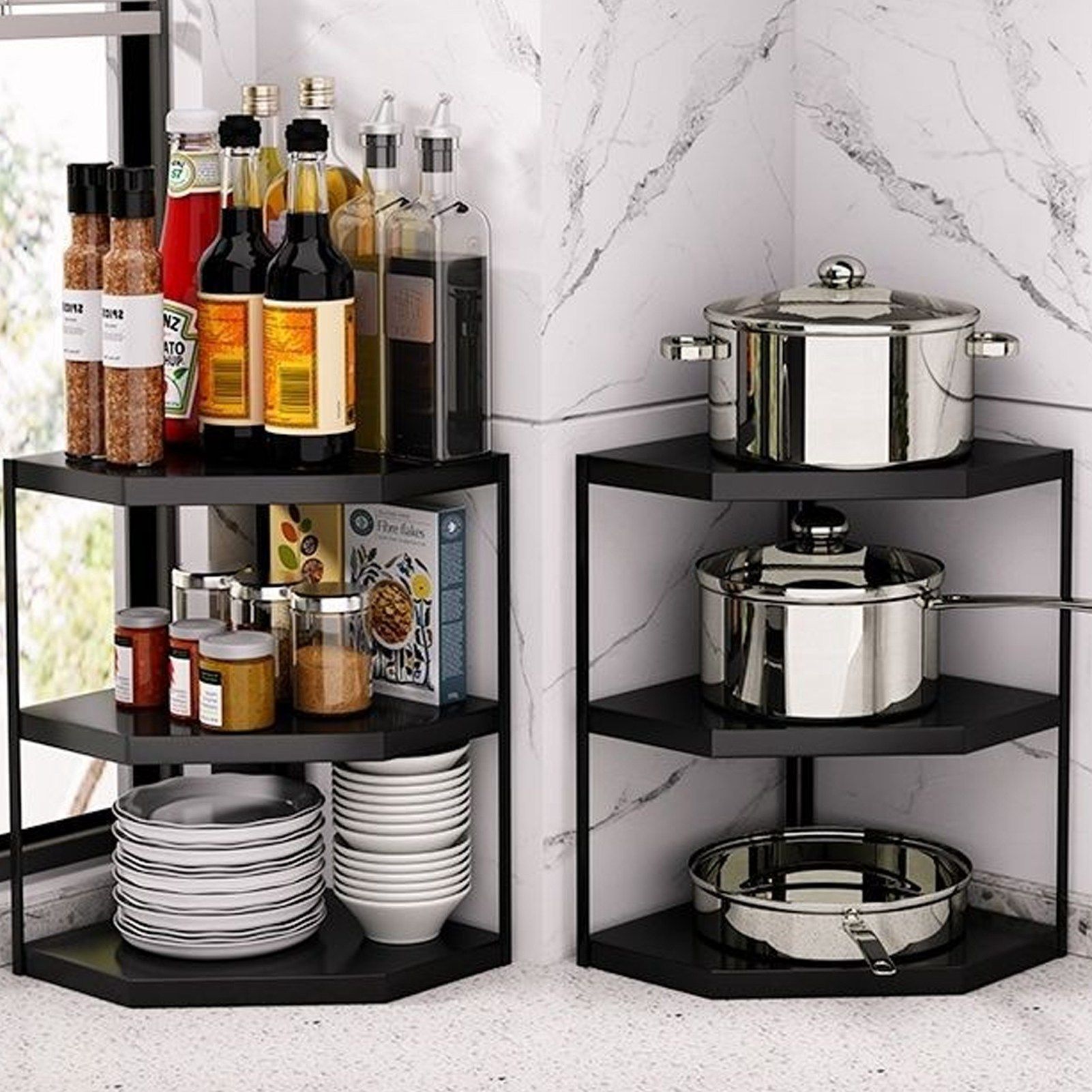 Kitchen Small Corner Shelf Rack Fan Shaped Space Saving Stable Carbon Steel Cookware Stand for Pots Pans 3 Layer Black 27x27x45.5cm - Image 6