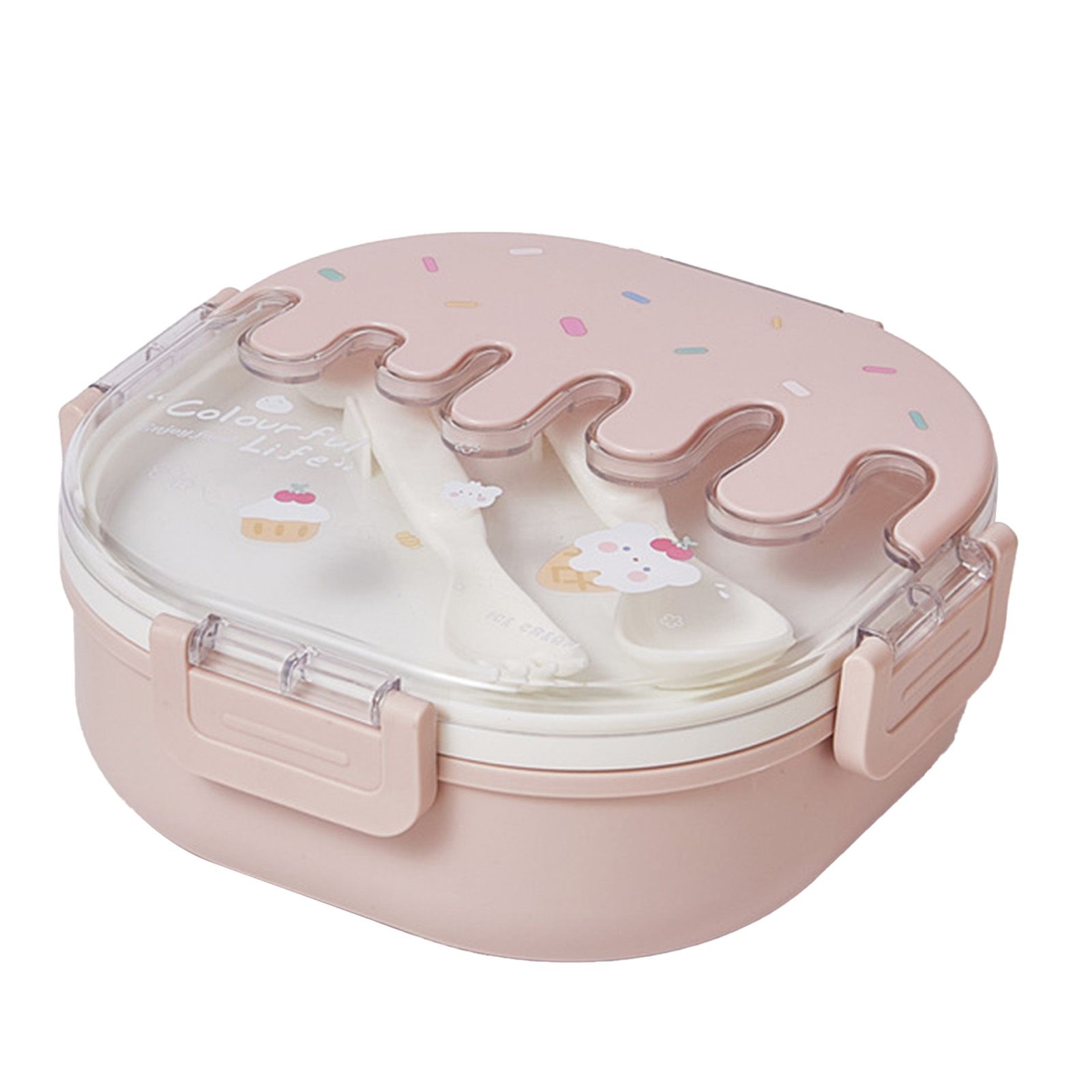 Bento Lunch Box for Kids Adults 3 Compartment Plastic Cute Ice Cream Lunch Snack Containers with Fork and Spoon for School Work Travel Pink - Image 1