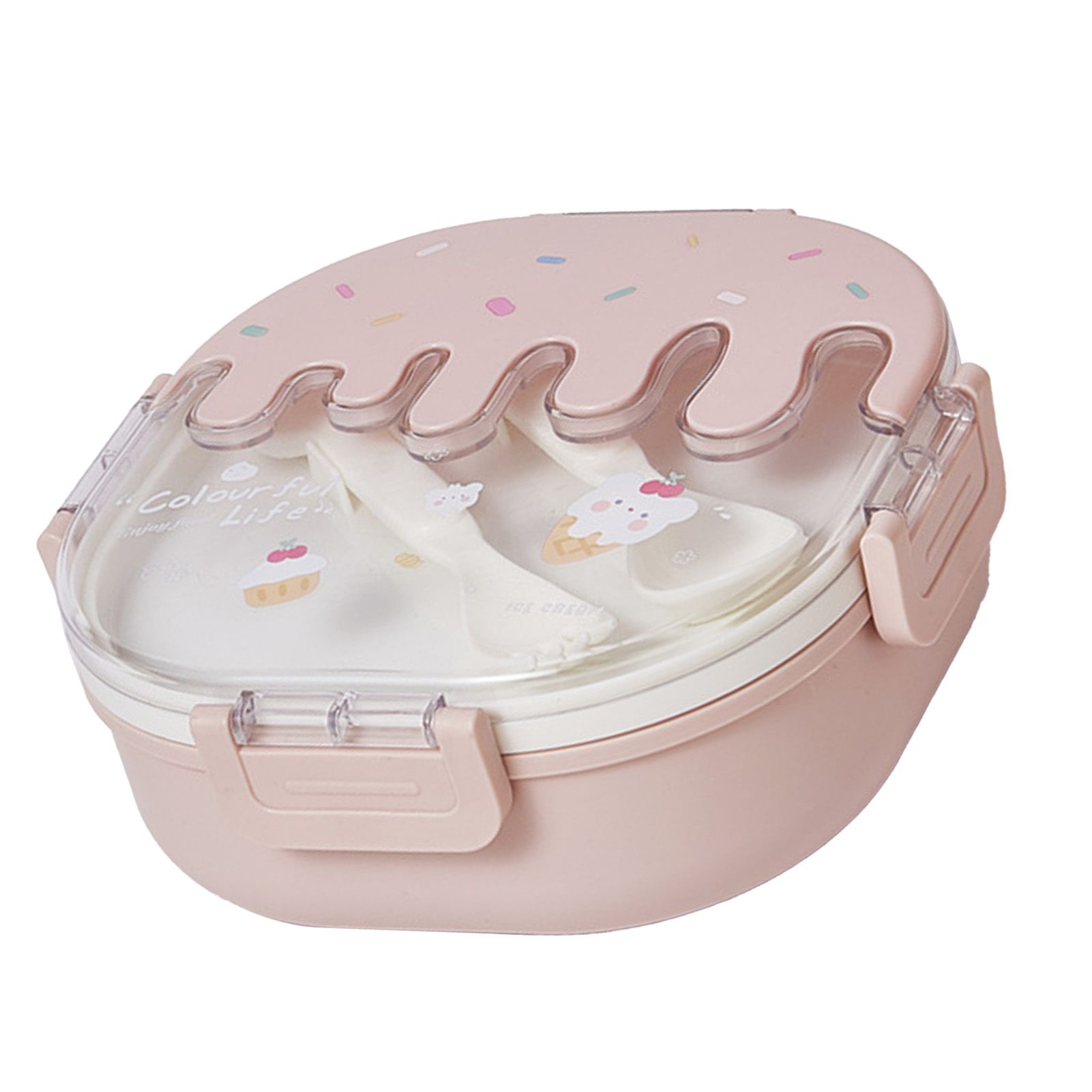 Bento Lunch Box for Kids Adults 3 Compartment Plastic Cute Ice Cream Lunch Snack Containers with Fork and Spoon for School Work Travel Pink - Image 2