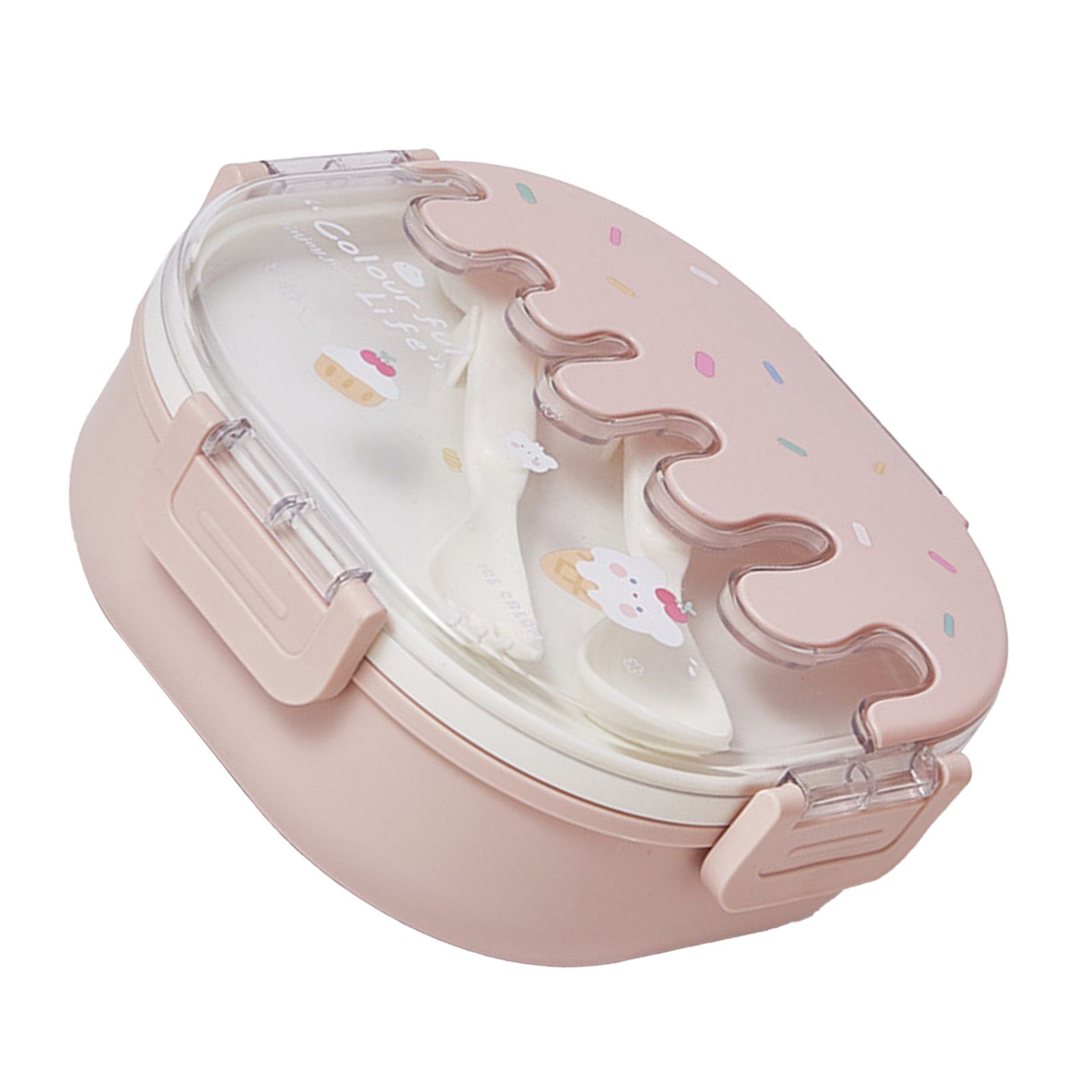 Bento Lunch Box for Kids Adults 3 Compartment Plastic Cute Ice Cream Lunch Snack Containers with Fork and Spoon for School Work Travel Pink - Image 3