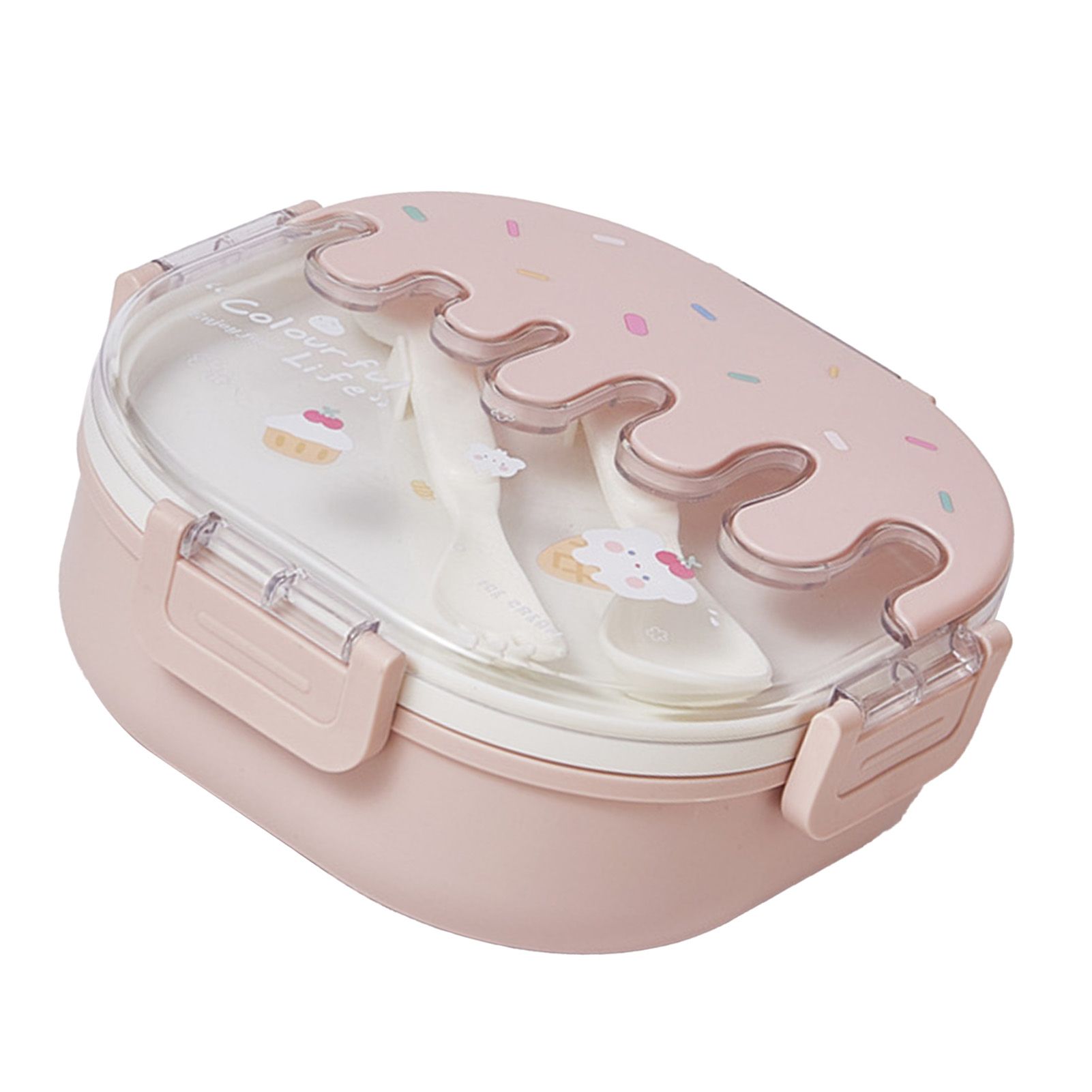 Bento Lunch Box for Kids Adults 3 Compartment Plastic Cute Ice Cream Lunch Snack Containers with Fork and Spoon for School Work Travel Pink - Image 4