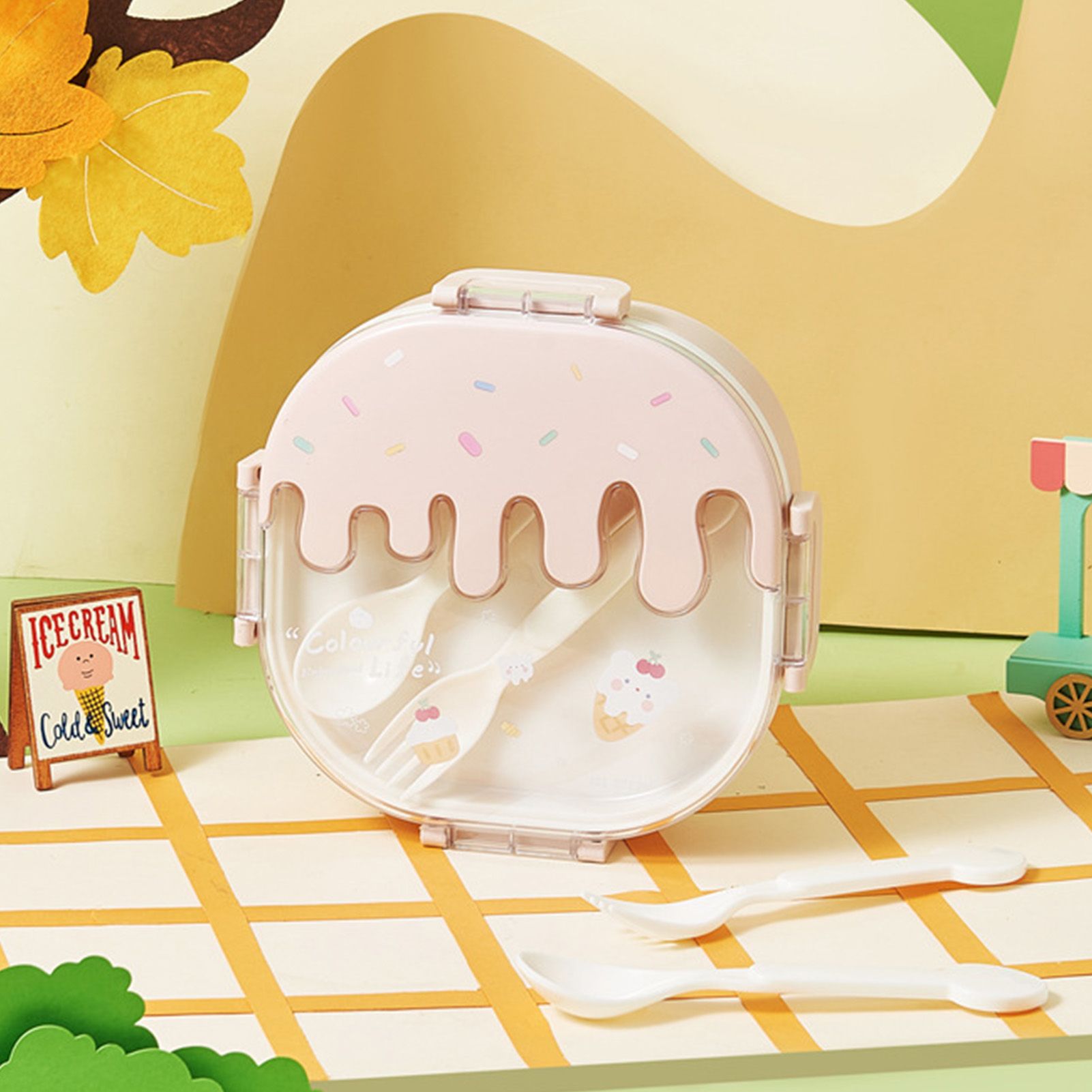 Bento Lunch Box for Kids Adults 3 Compartment Plastic Cute Ice Cream Lunch Snack Containers with Fork and Spoon for School Work Travel Pink - Image 5