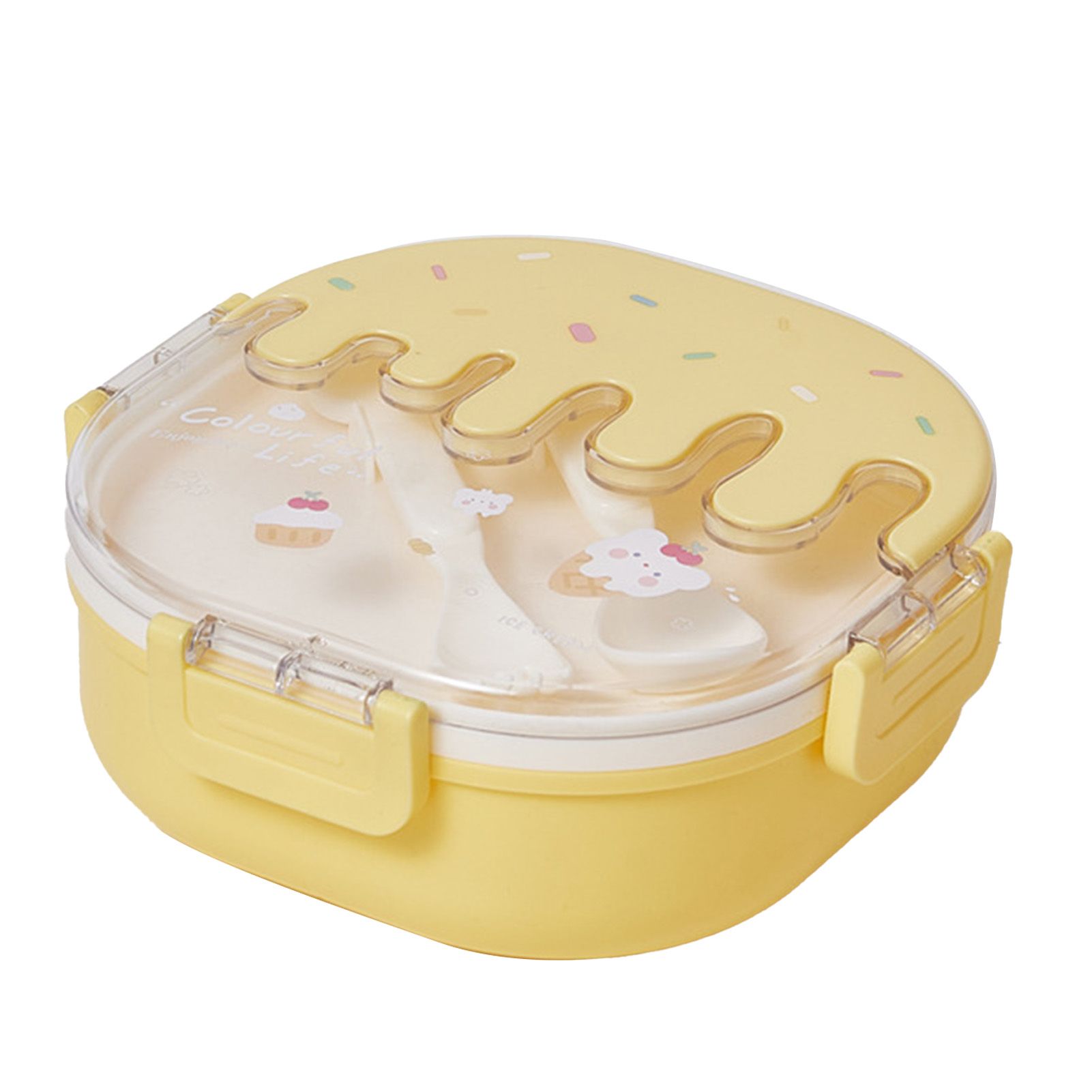 Bento Lunch Box for Kids Adults 3 Compartment Plastic Cute Ice Cream Lunch Snack Containers with Fork and Spoon for School Work Travel Yellow - Image 1