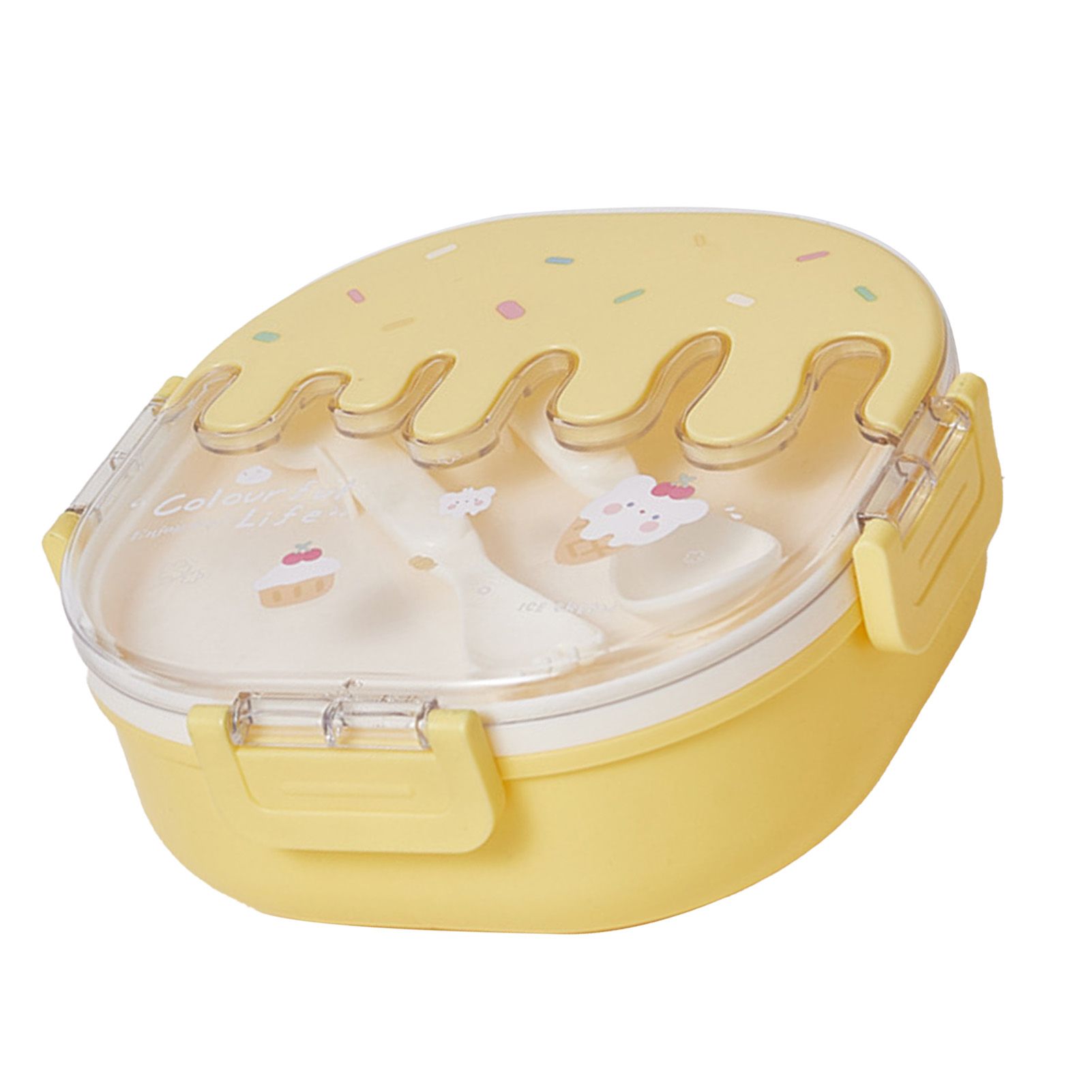 Bento Lunch Box for Kids Adults 3 Compartment Plastic Cute Ice Cream Lunch Snack Containers with Fork and Spoon for School Work Travel Yellow - Image 2