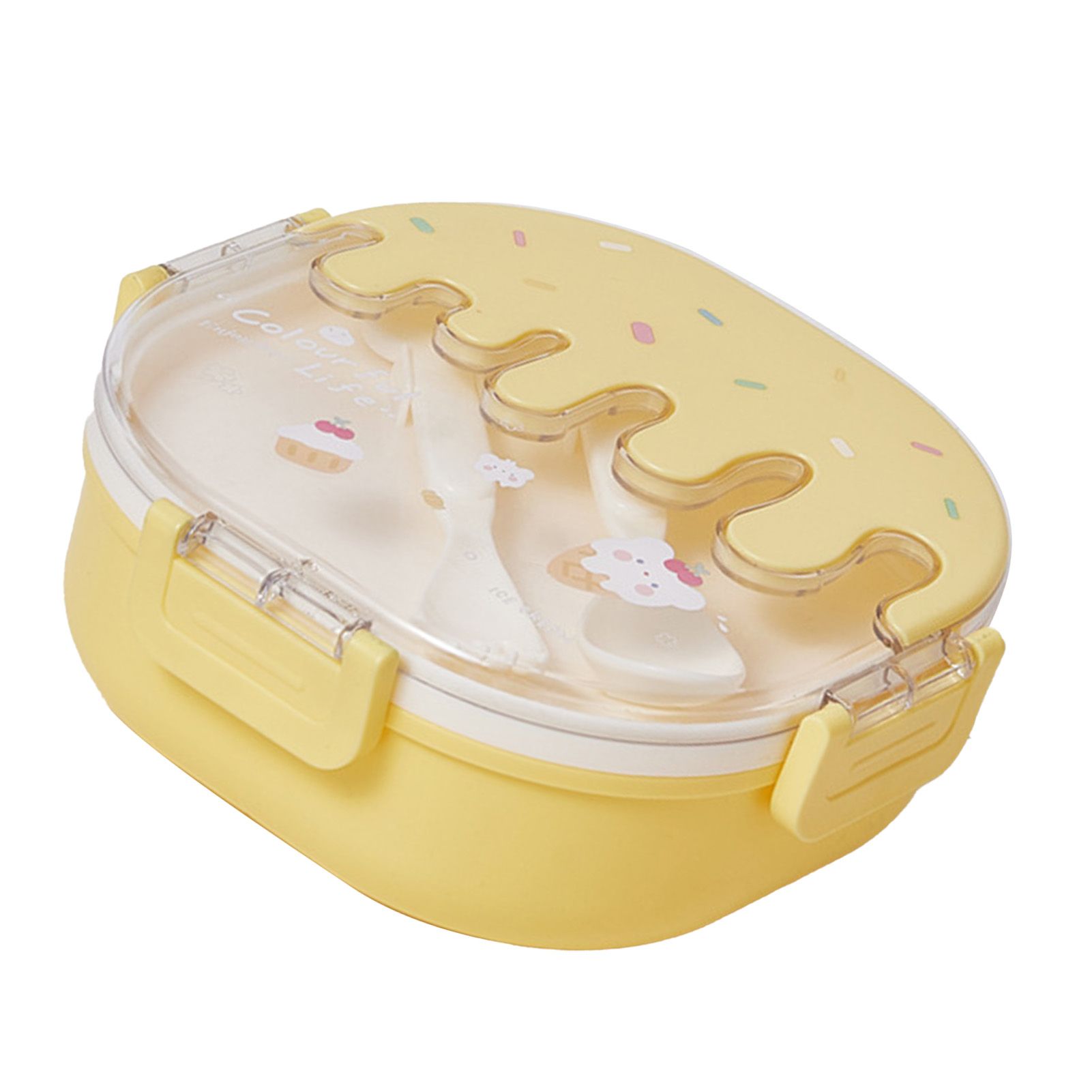 Bento Lunch Box for Kids Adults 3 Compartment Plastic Cute Ice Cream Lunch Snack Containers with Fork and Spoon for School Work Travel Yellow - Image 4