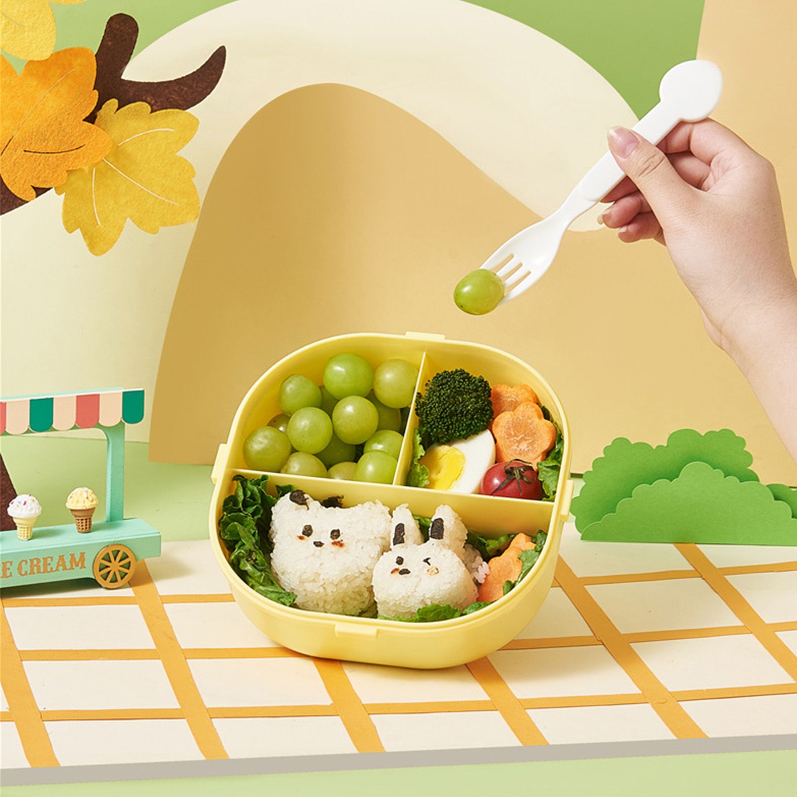 Bento Lunch Box for Kids Adults 3 Compartment Plastic Cute Ice Cream Lunch Snack Containers with Fork and Spoon for School Work Travel Yellow - Image 5