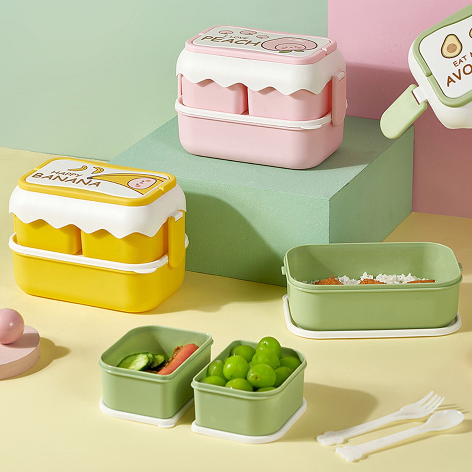 Cute Portable Students Lunch Box Microwaveable Children Cartoon Bento Box Independent Compartment Lunch Container Yellow - Image 5