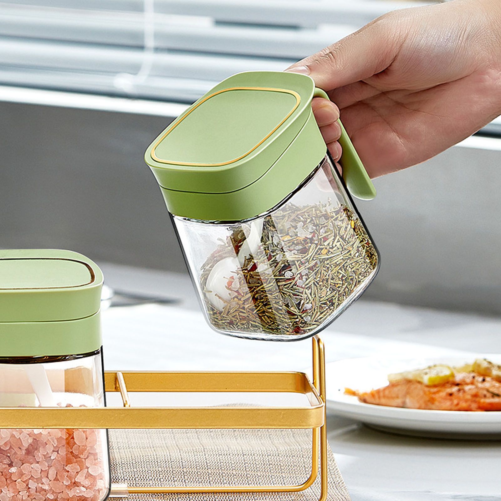 Spice Jar Glass Transparent Salt Sugar Pepper Seasoning Container Bottle for Home Kitchen Green - Image 2