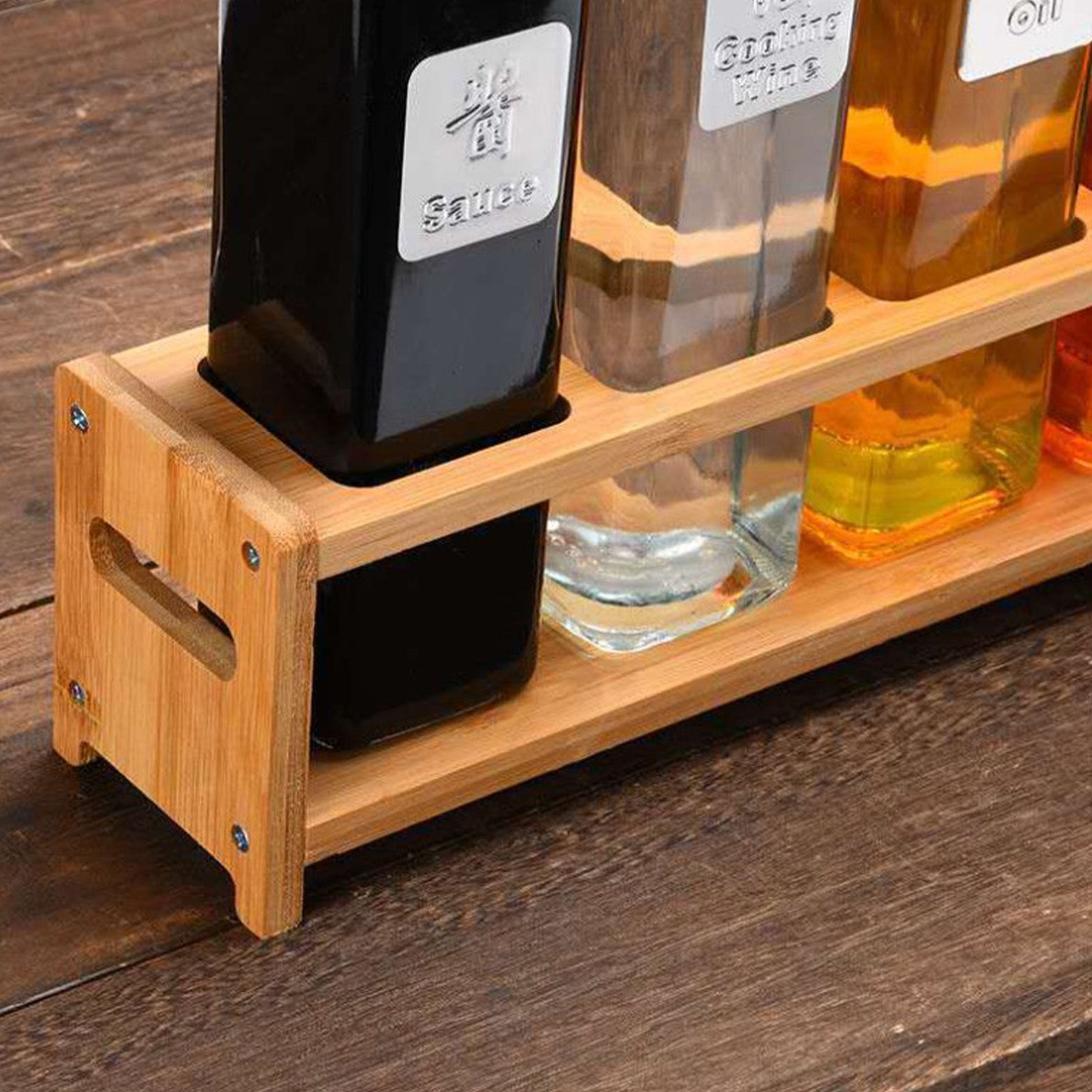 Seasoning Storage Stand Bamboo Wood 4 Holes Multifunctional Anti Slip Space Saving Oil Bottle Rack Kitchen Supplies Square Slots - Image 5