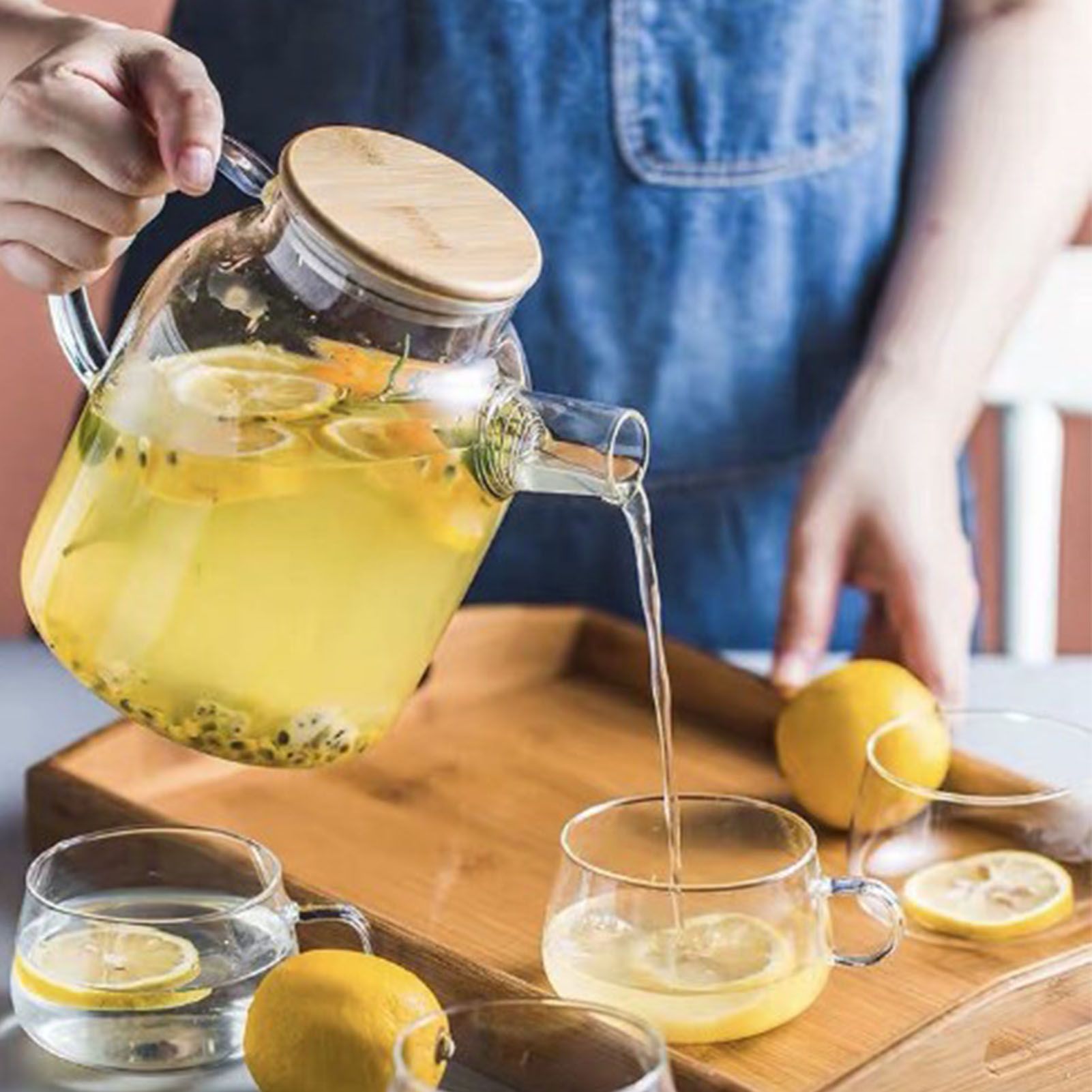 Water Pitcher 1800ml Glass Fridge Jug with Filter Whisk Wood Lid Heat Resistant Beverage Serveware for Drinks Tea Coffee - Image 3