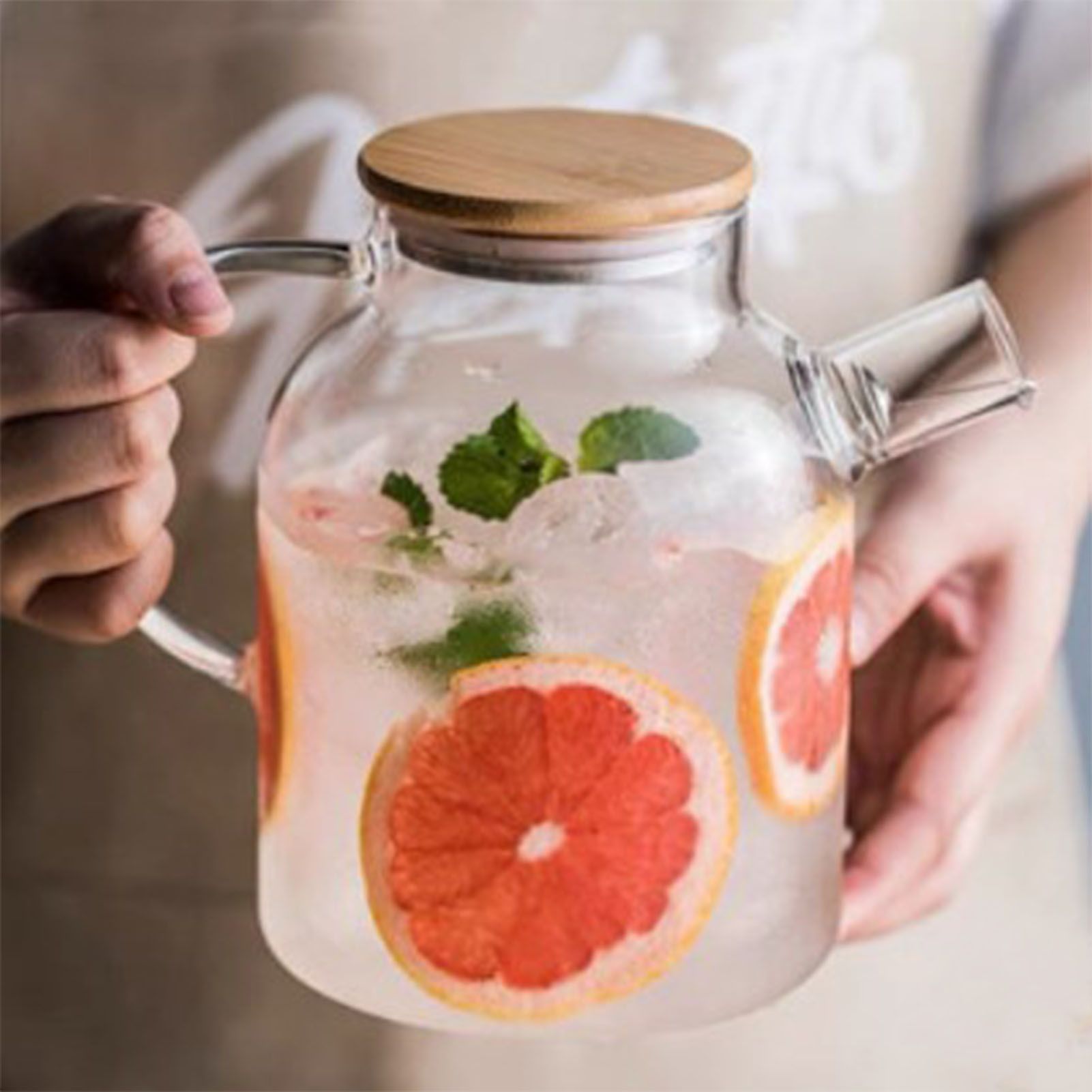 Water Pitcher 1800ml Glass Fridge Jug with Filter Whisk Wood Lid Heat Resistant Beverage Serveware for Drinks Tea Coffee - Image 5