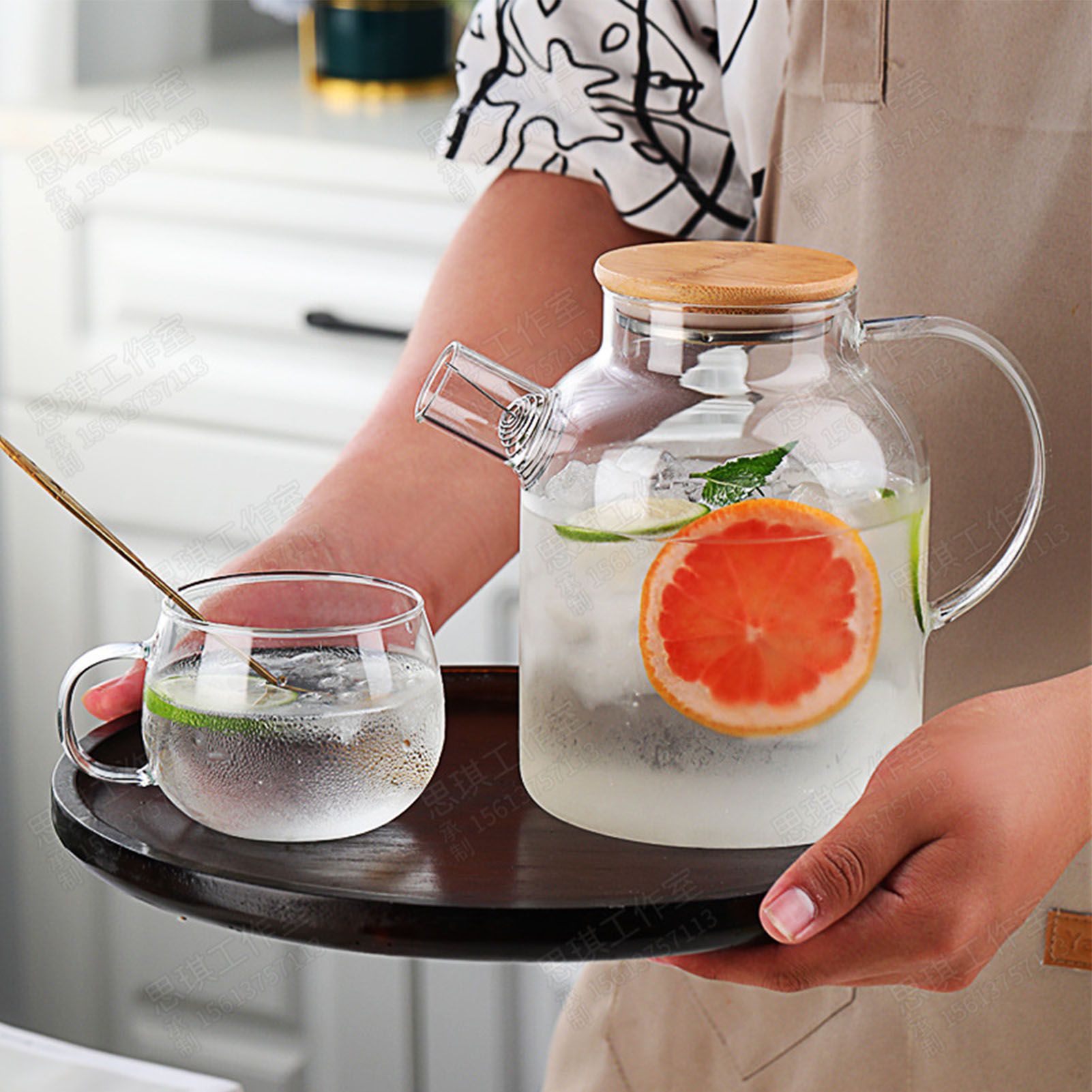 Water Pitcher 1800ml Glass Fridge Jug with Filter Whisk Wood Lid Heat Resistant Beverage Serveware for Drinks Tea Coffee - Image 6
