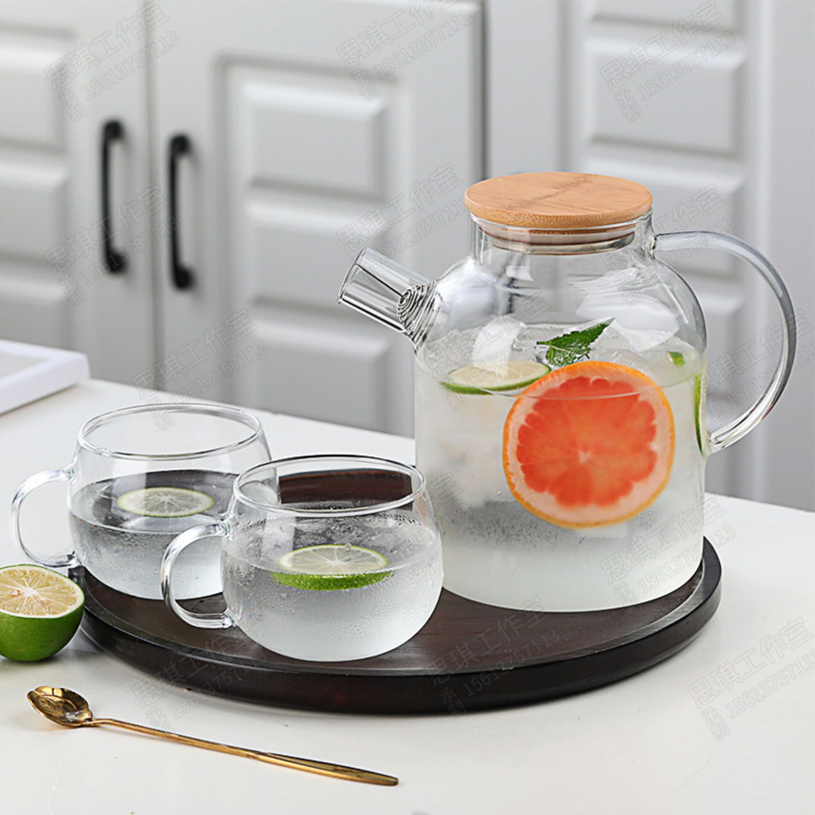 Water Pitcher 1800ml Glass Fridge Jug with Filter Whisk Wood Lid Heat Resistant Beverage Serveware for Drinks Tea Coffee - Image 7