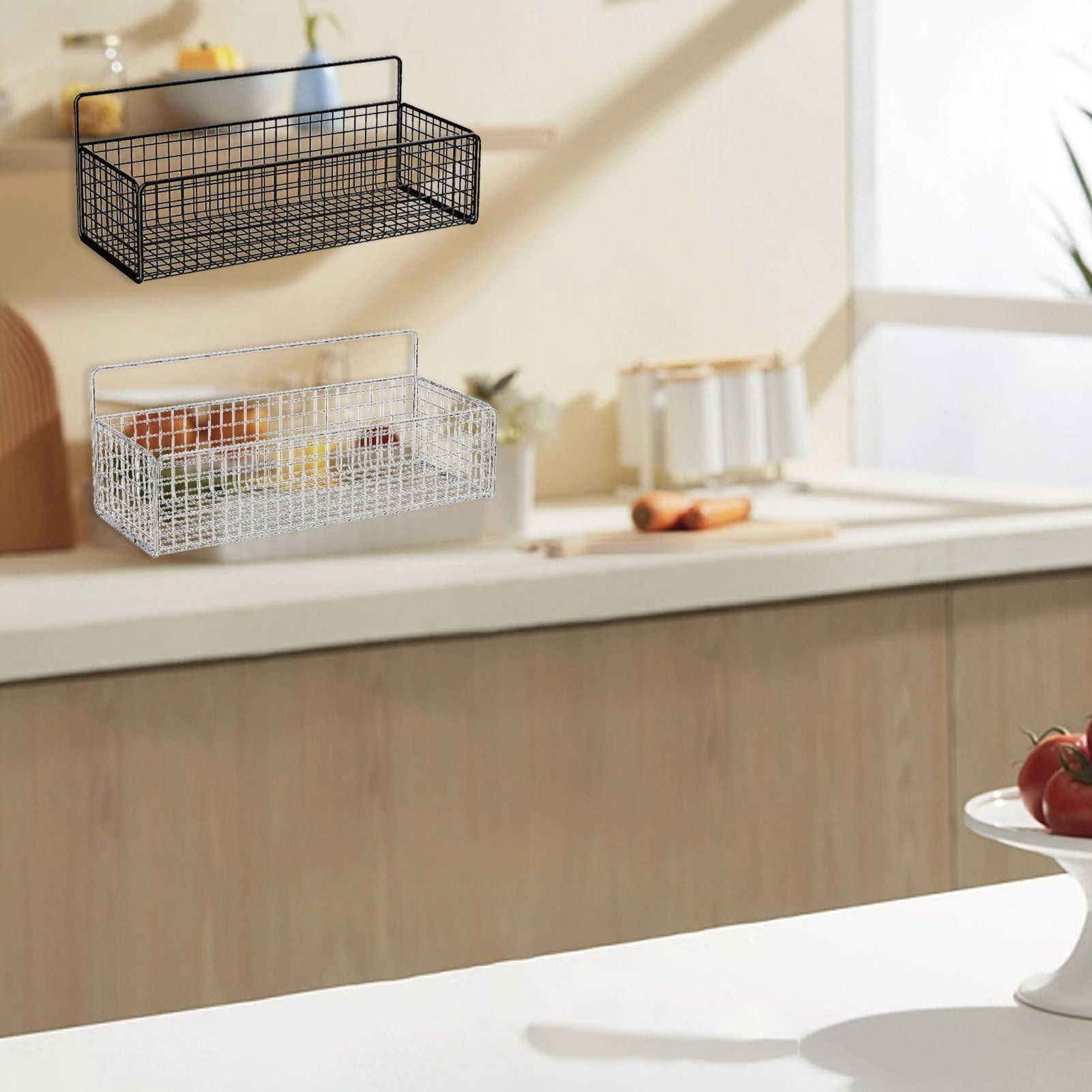 Kitchen Hanging Storage Rack Wall Mounted Storage Basket Punch Free Hanging Wall Organizer Baskets for Dormitory Bedroom White - Image 6