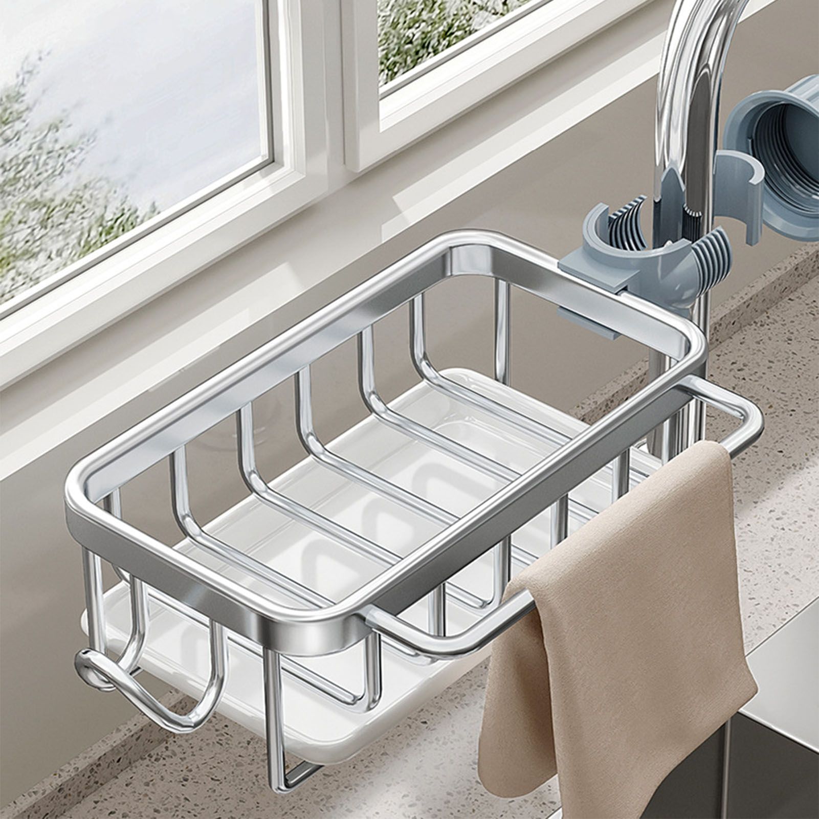 Kitchen Faucet Organizer Multifunctional Rustproof Sponge Dish Soap Brush Sink Caddy Holder with Drip Tray Silver - Image 5