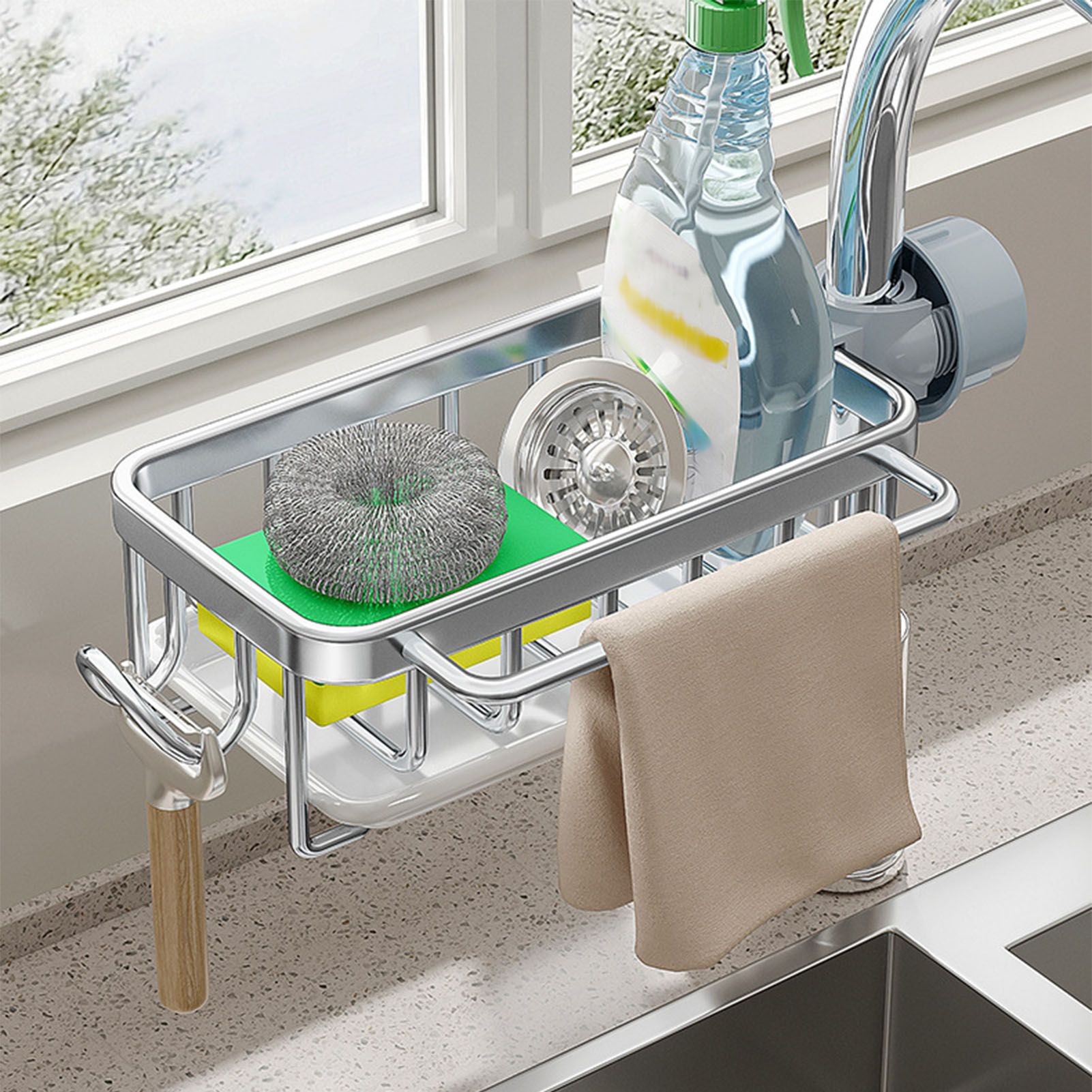 Kitchen Faucet Organizer Multifunctional Rustproof Sponge Dish Soap Brush Sink Caddy Holder with Drip Tray Silver - Image 6