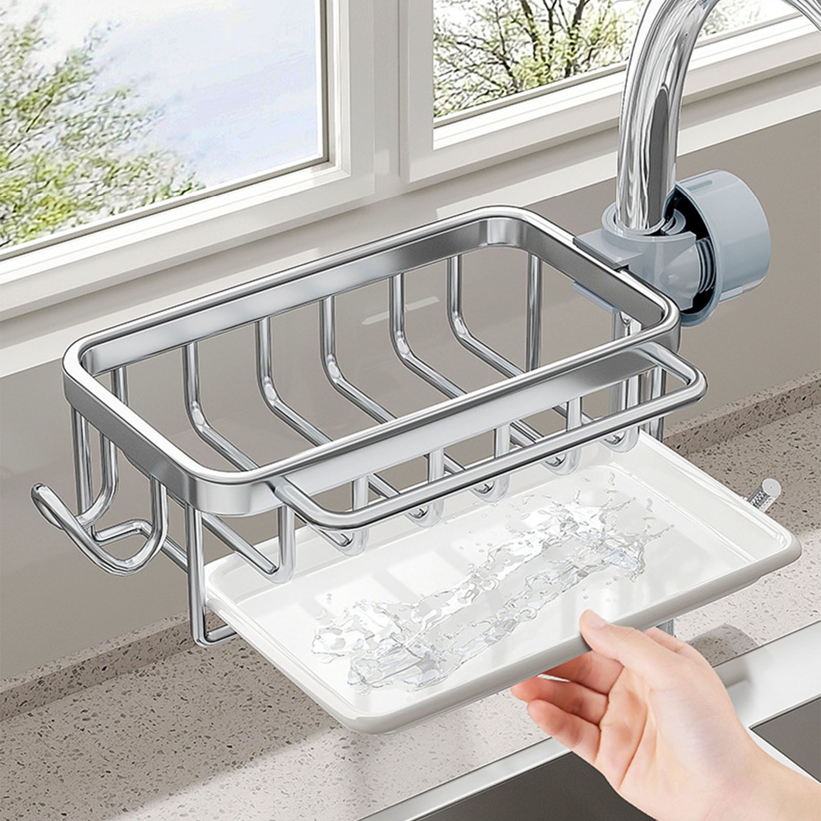 Kitchen Faucet Organizer Multifunctional Rustproof Sponge Dish Soap Brush Sink Caddy Holder with Drip Tray Silver - Image 8