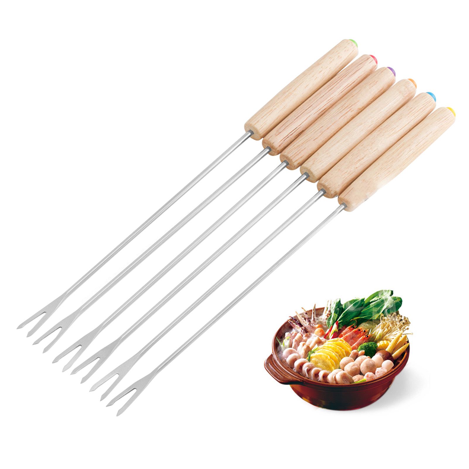 6pcs Stainless Steel Fondue Forks Cheese Fondue Sticks Smore Sticks with Wooden Handle Heat Resistant for Chocolate Cheese - Image 5